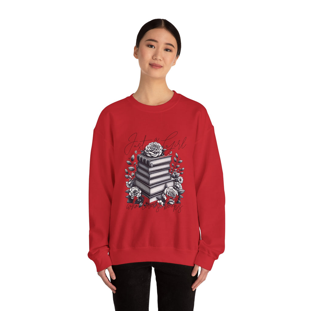 Book Lover Crewneck Sweatshirt — "Just a Girl Who Loves Books" Floral Stack Design