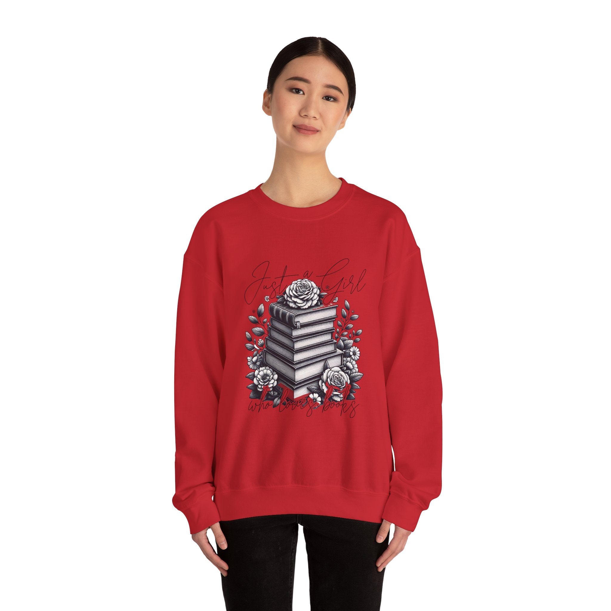 Book Lover Crewneck Sweatshirt — "Just a Girl Who Loves Books" Floral Stack Design