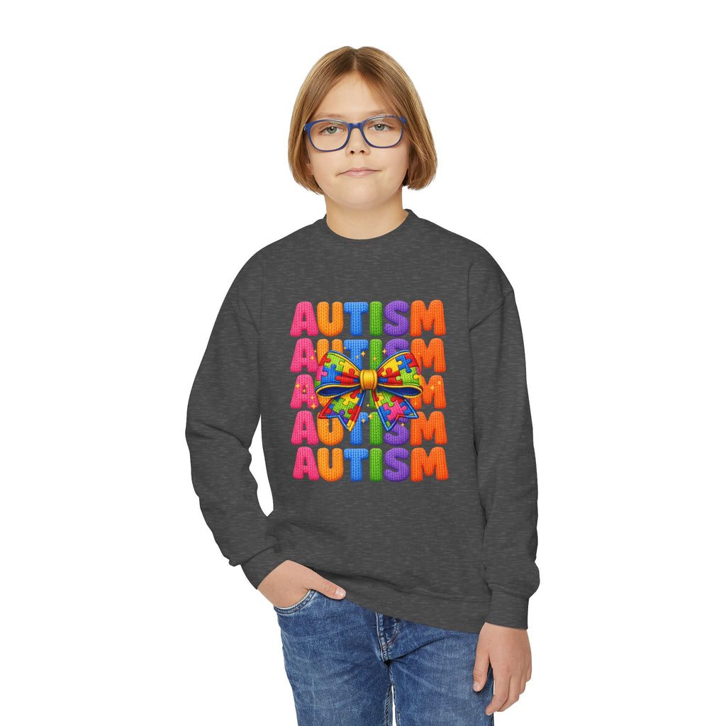 Youth Autism Awareness Crewneck Sweatshirt – Colorful Puzzle Ribbon Design
