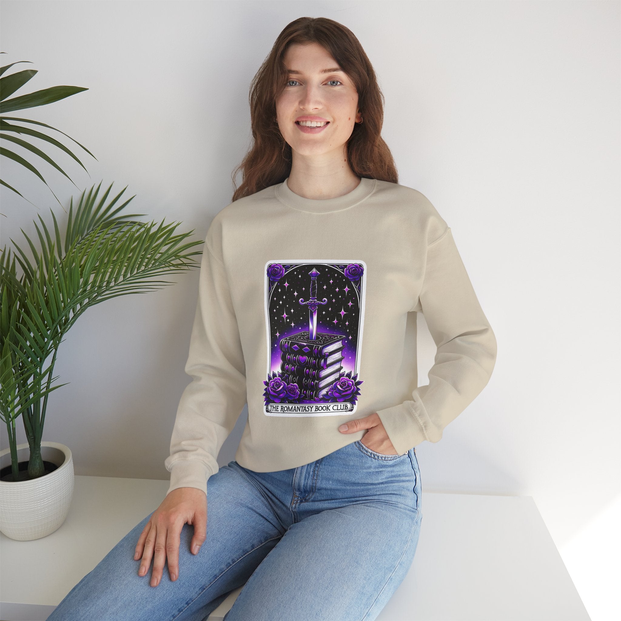 Crewneck Sweatshirt — The Bookish Witch: 'The Enchanted Book Club' Purple Sword & Books Graphic