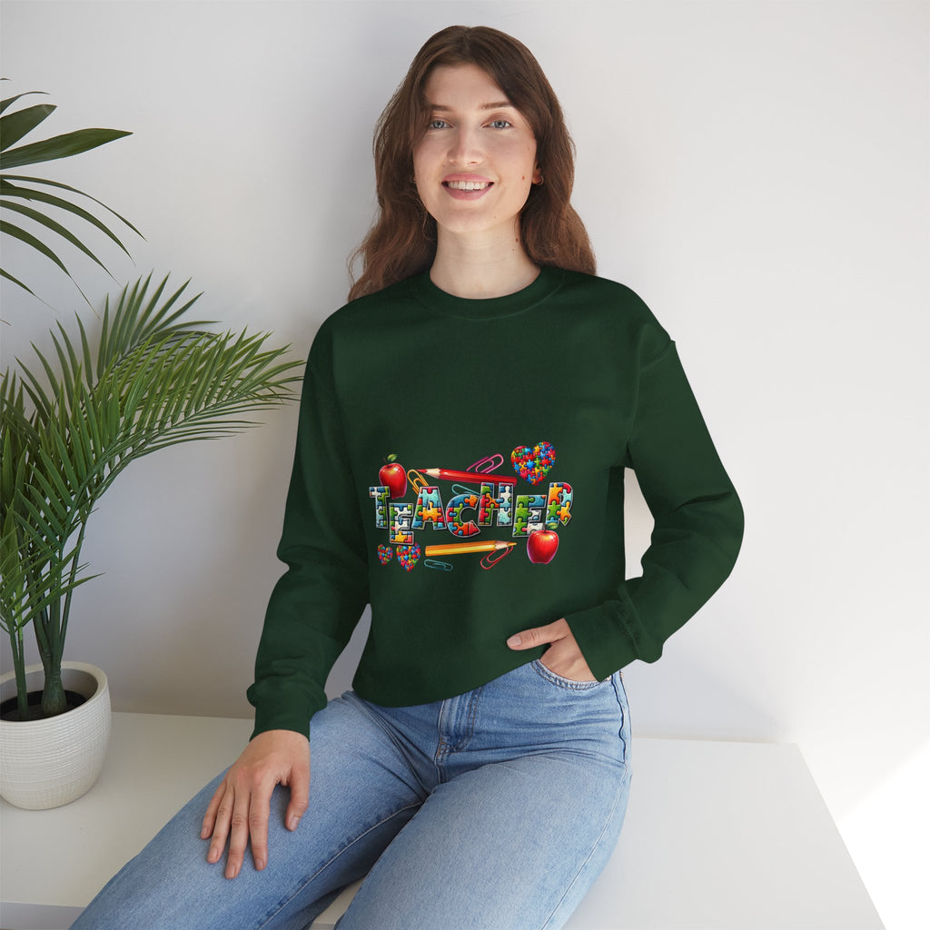 Teacher Crewneck Sweatshirt — Colorful Apple & School Supply Design
