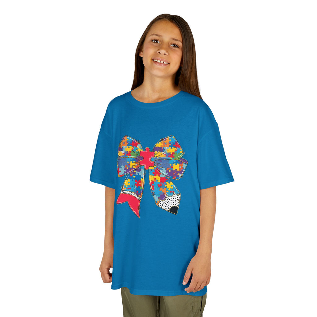 Autism Awareness Puzzle Bow Kids T‑Shirt – Autism Acceptance Gift
