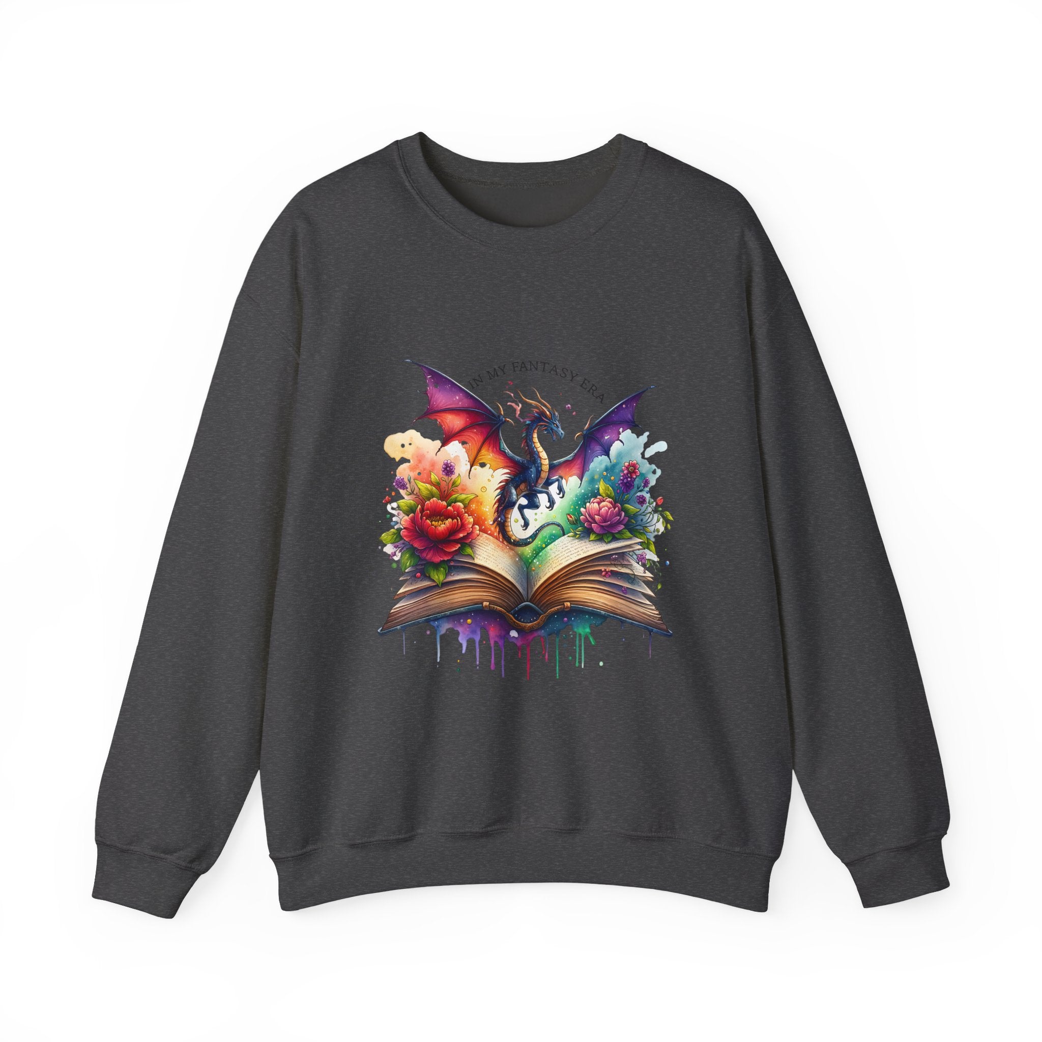 Crewneck Sweatshirt — Fantasy Dragon Emerging From Open Book with Flowers