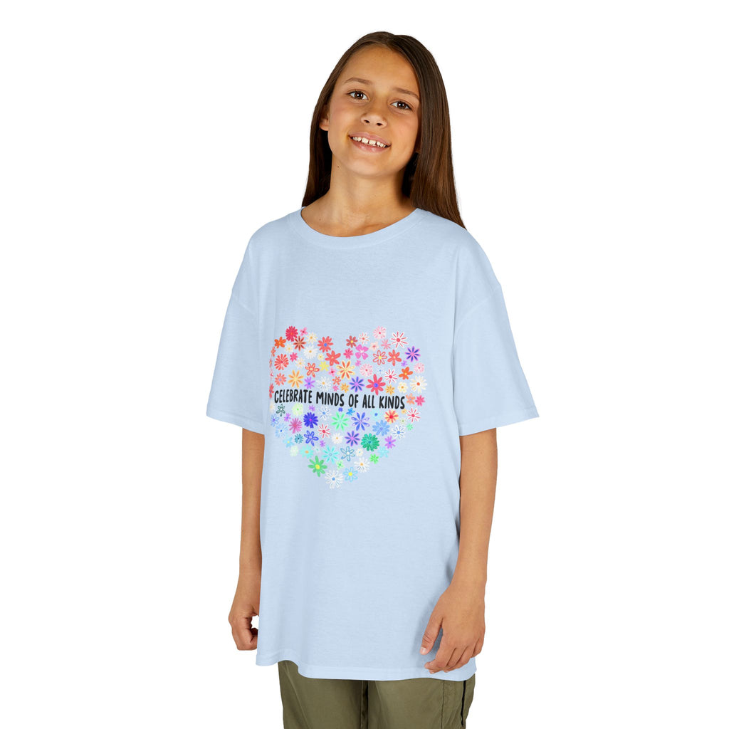 Kids T-Shirt — "Celebrate Minds of All Kinds" Rainbow Flower Heart