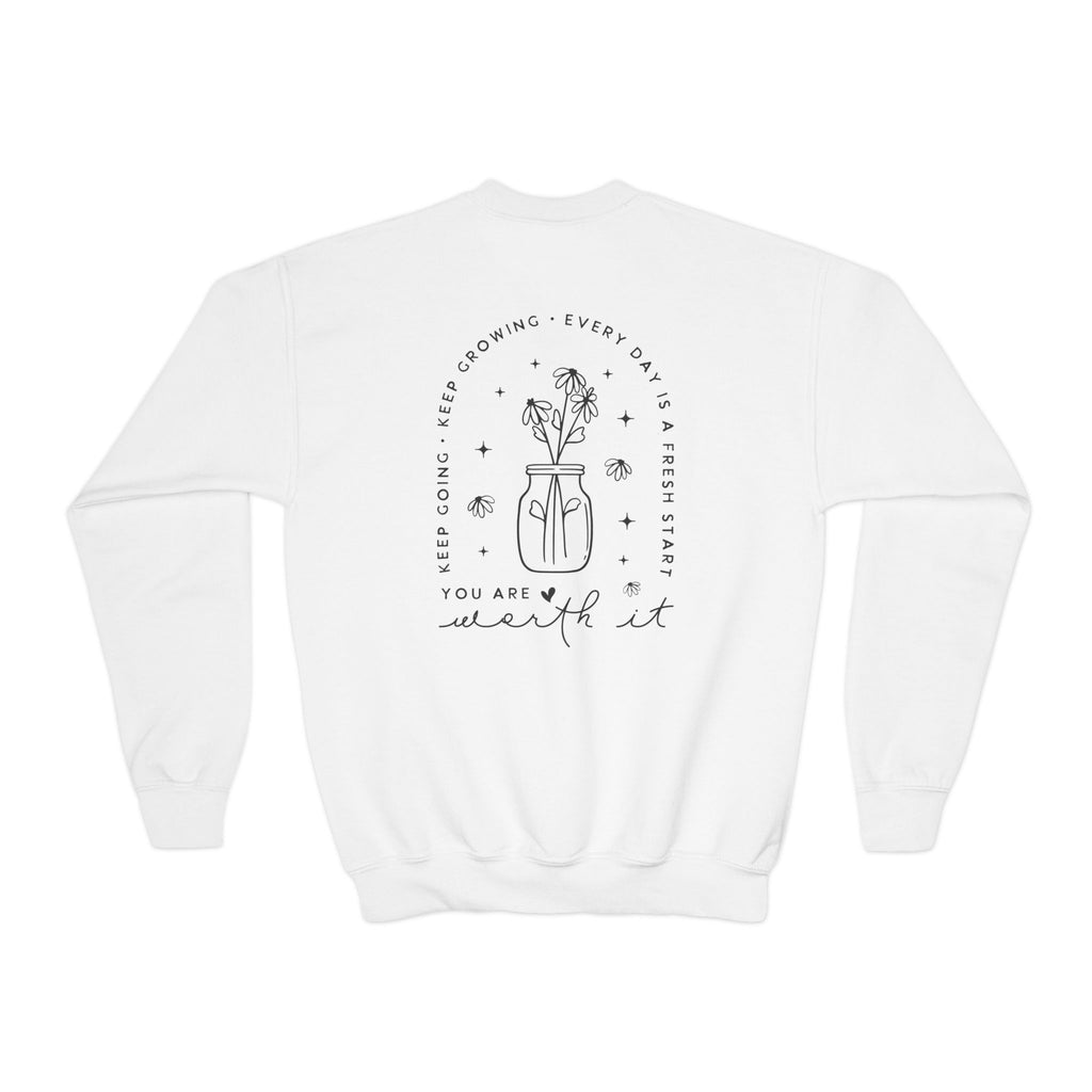 Youth Crewneck Sweatshirt — "You Are Worthy" Floral Graphic Sweatshirt