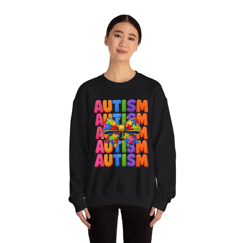 Autism Awareness Crewneck Sweatshirt — Colorful Puzzle Bow Design