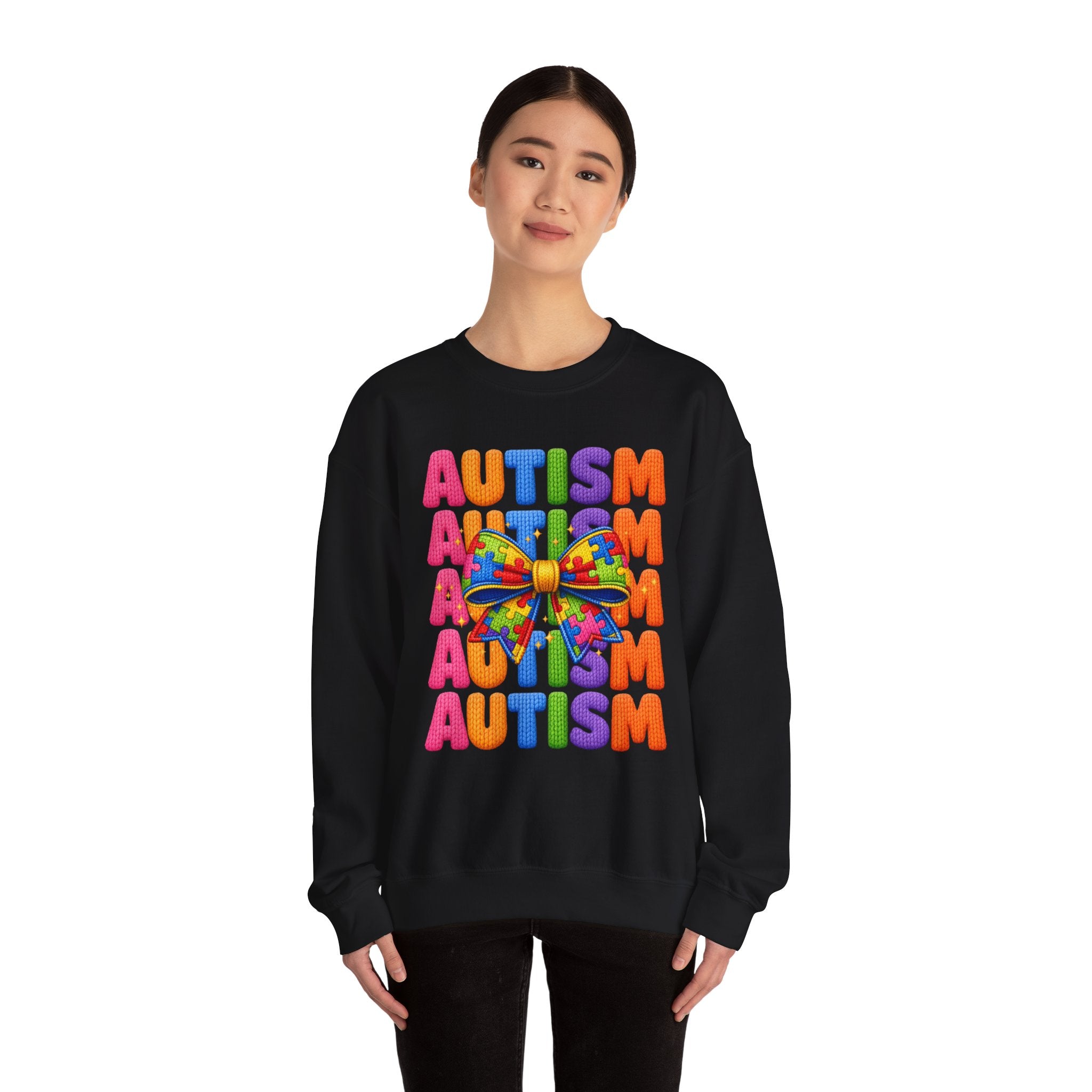 Autism Awareness Crewneck Sweatshirt — Colorful Puzzle Bow Design