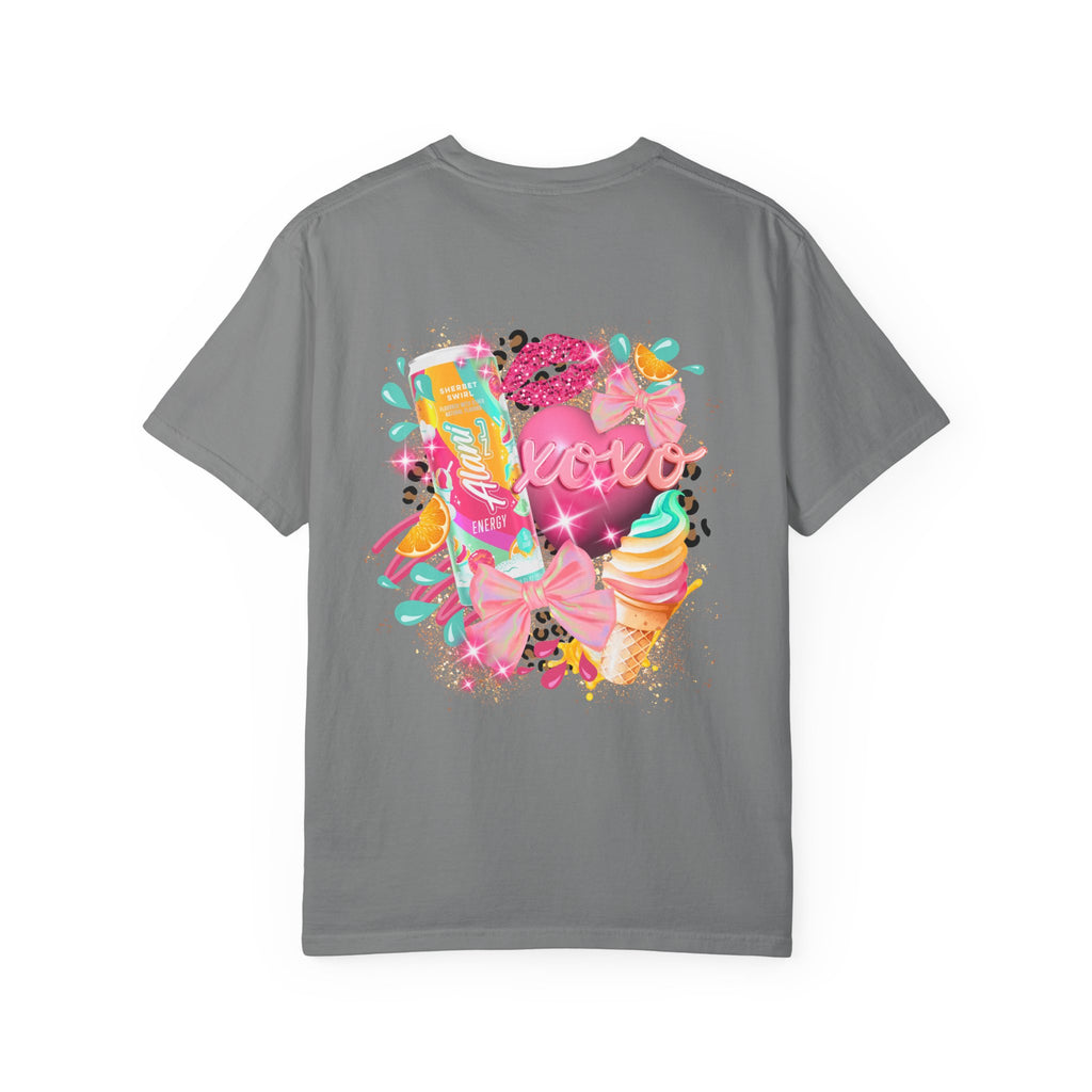 Graphic T-Shirt — Vibrant Pink Dessert Collage with 'Alani Nu' Chest Script