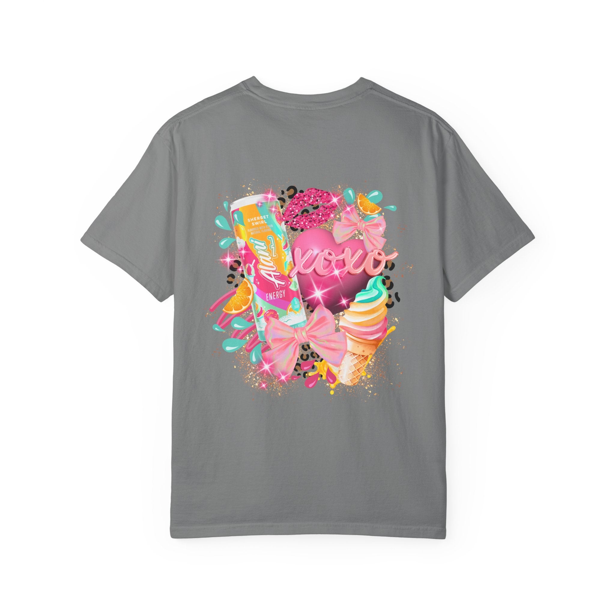 Graphic T-Shirt — Vibrant Pink Dessert Collage with 'Alani Nu' Chest Script