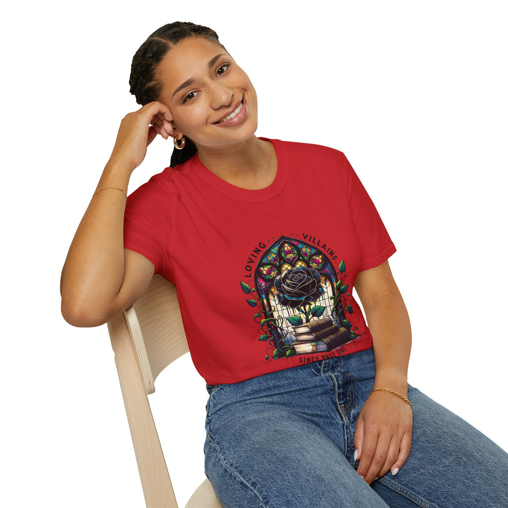 Loving Villains Rose Window T-Shirt — Gothic Floral 'Since Page One' Tee