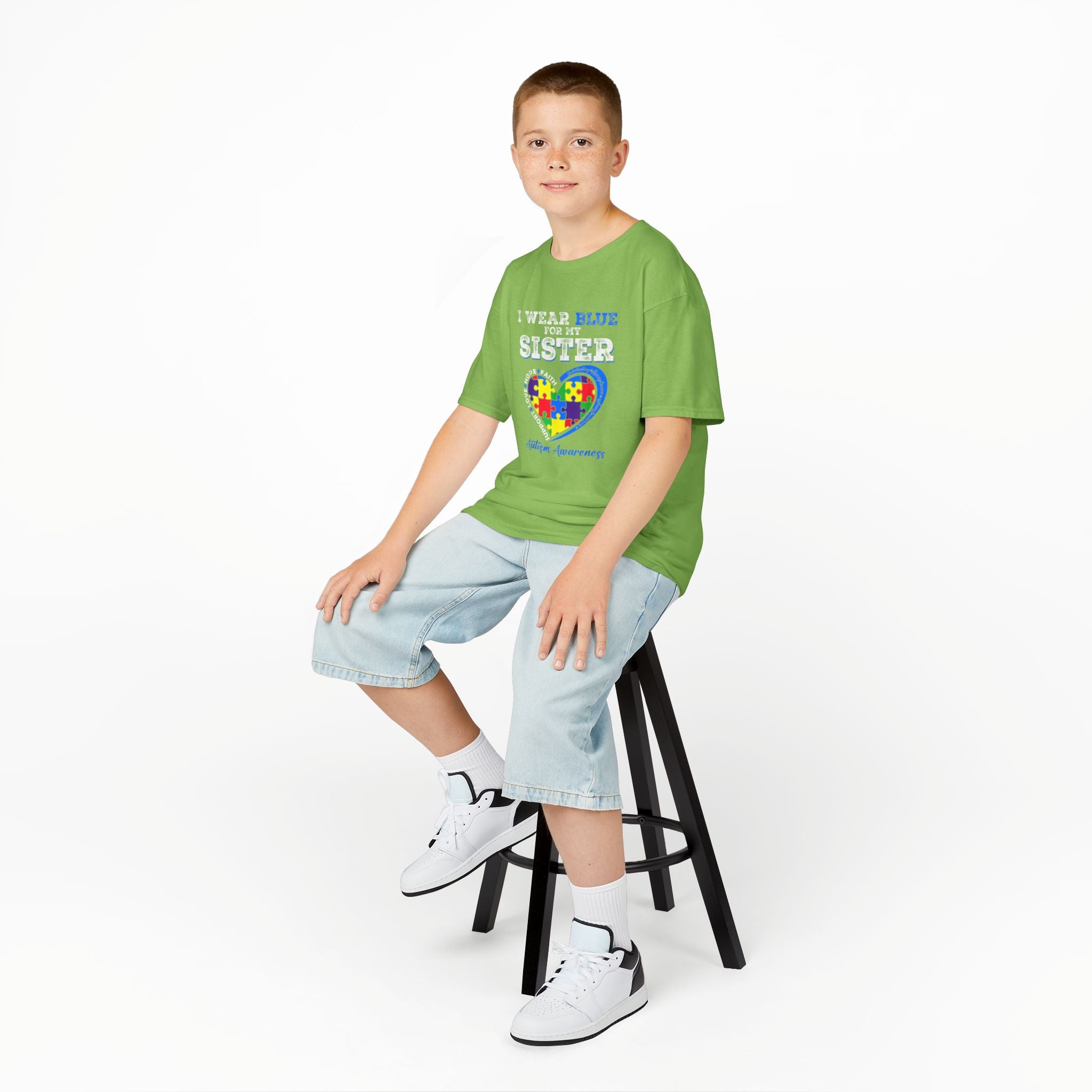 Autism Awareness Kids Tee — "I Wear Blue For My Sister" Puzzle Heart