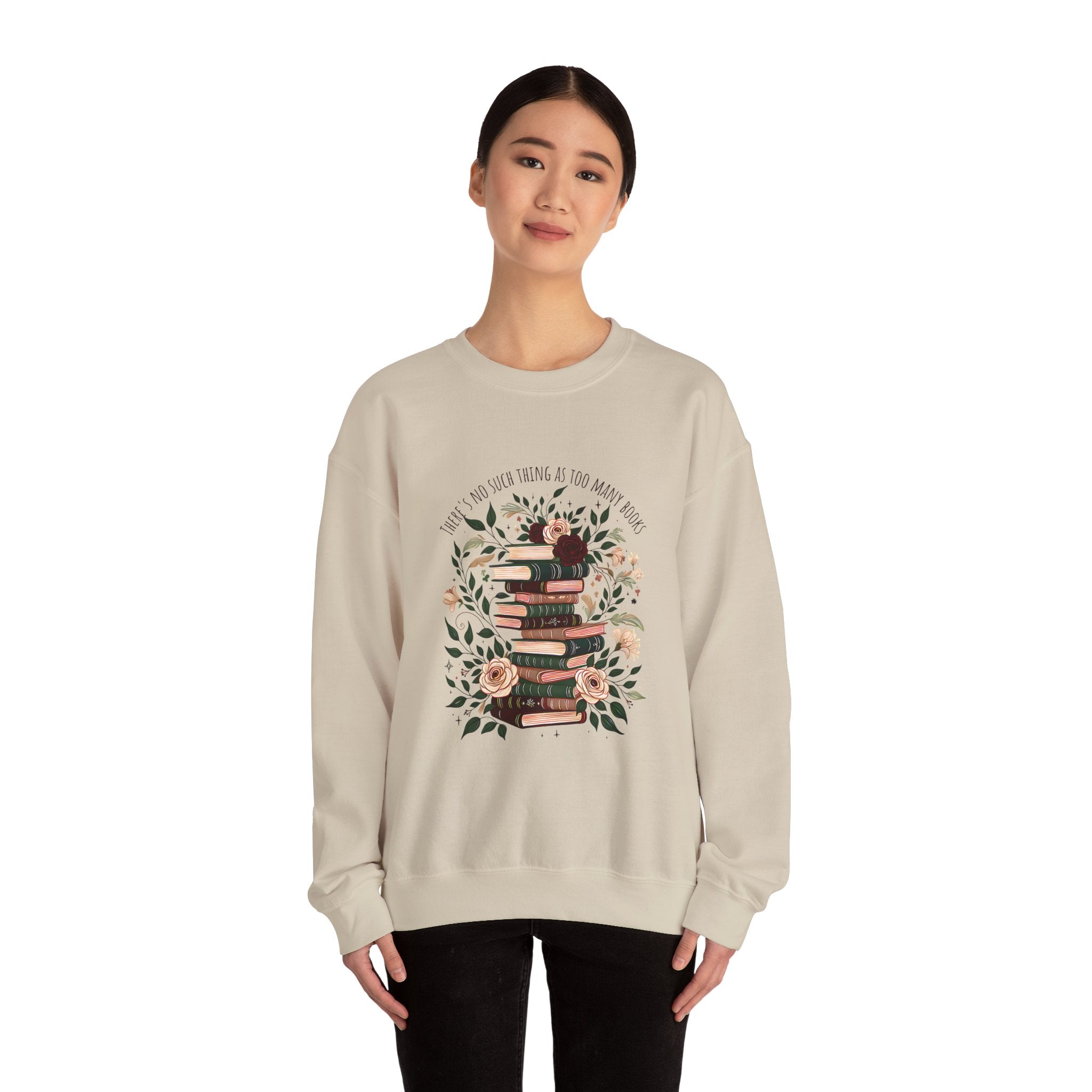 Book Lover Crewneck Sweatshirt – “Books and Tea” Floral Stack Graphic