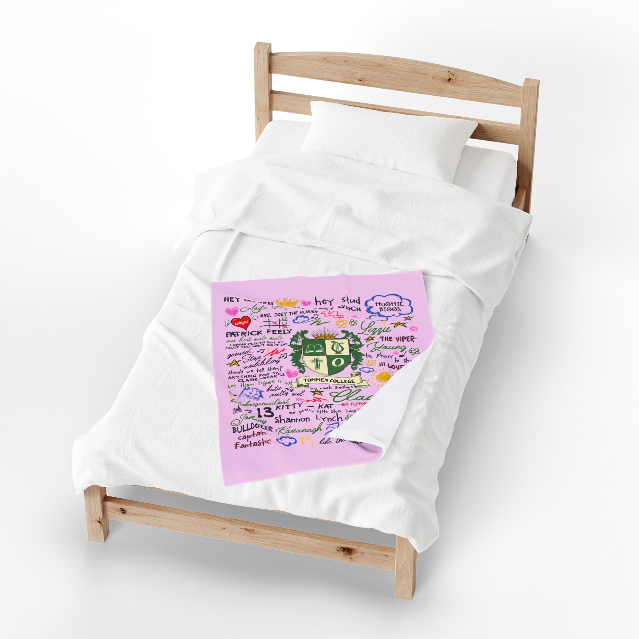 Velveteen Plush Blanket — Pink Doodle College Crest Throw
