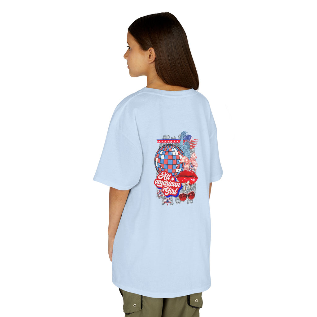Kids Tee — Patriotic Cherry Graphic "All American Girl" — 4th of July Summer Shirt
