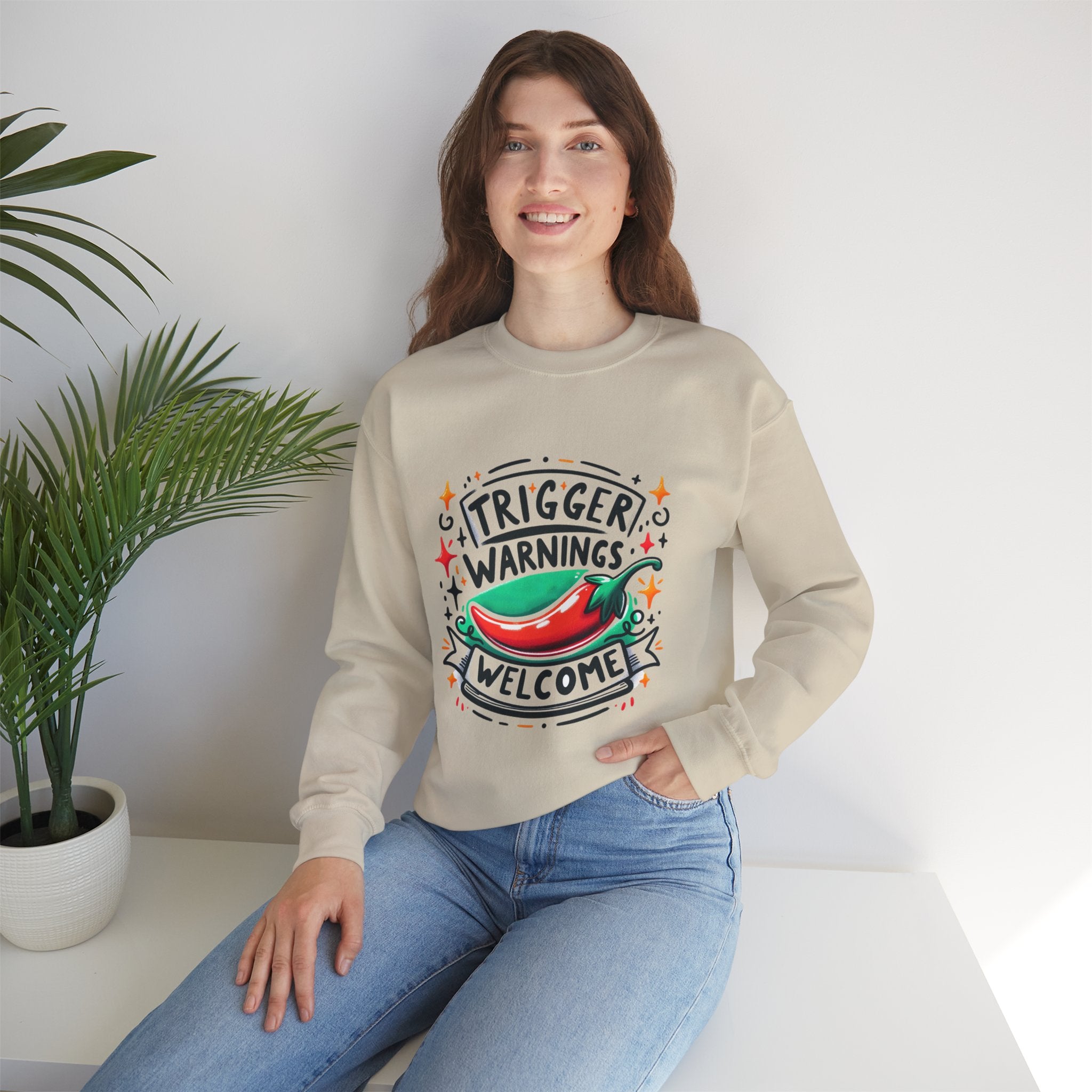 Sweatshirt — "Trigger Warnings Welcome" Chili Pepper Graphic Crewneck
