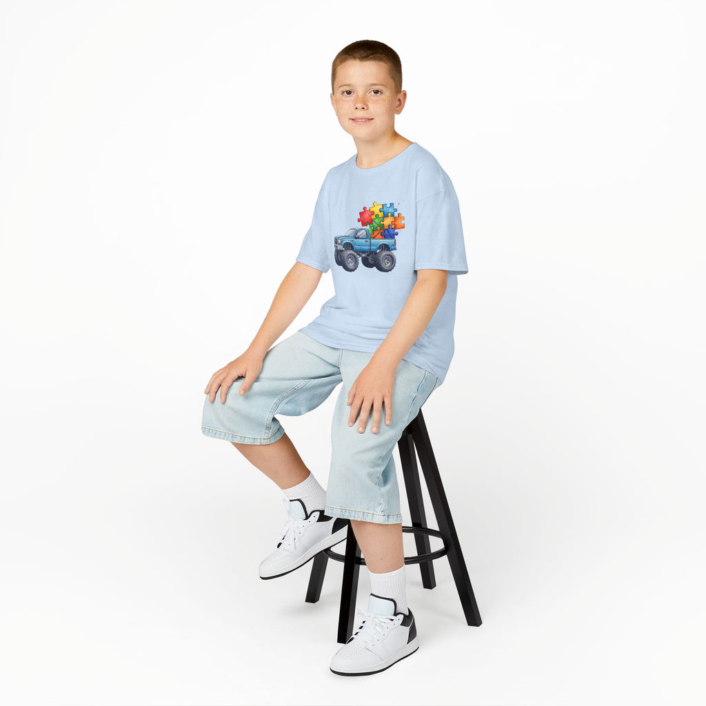 Kids Monster Truck Autism Awareness T‑Shirt — Puzzle Piece Ride