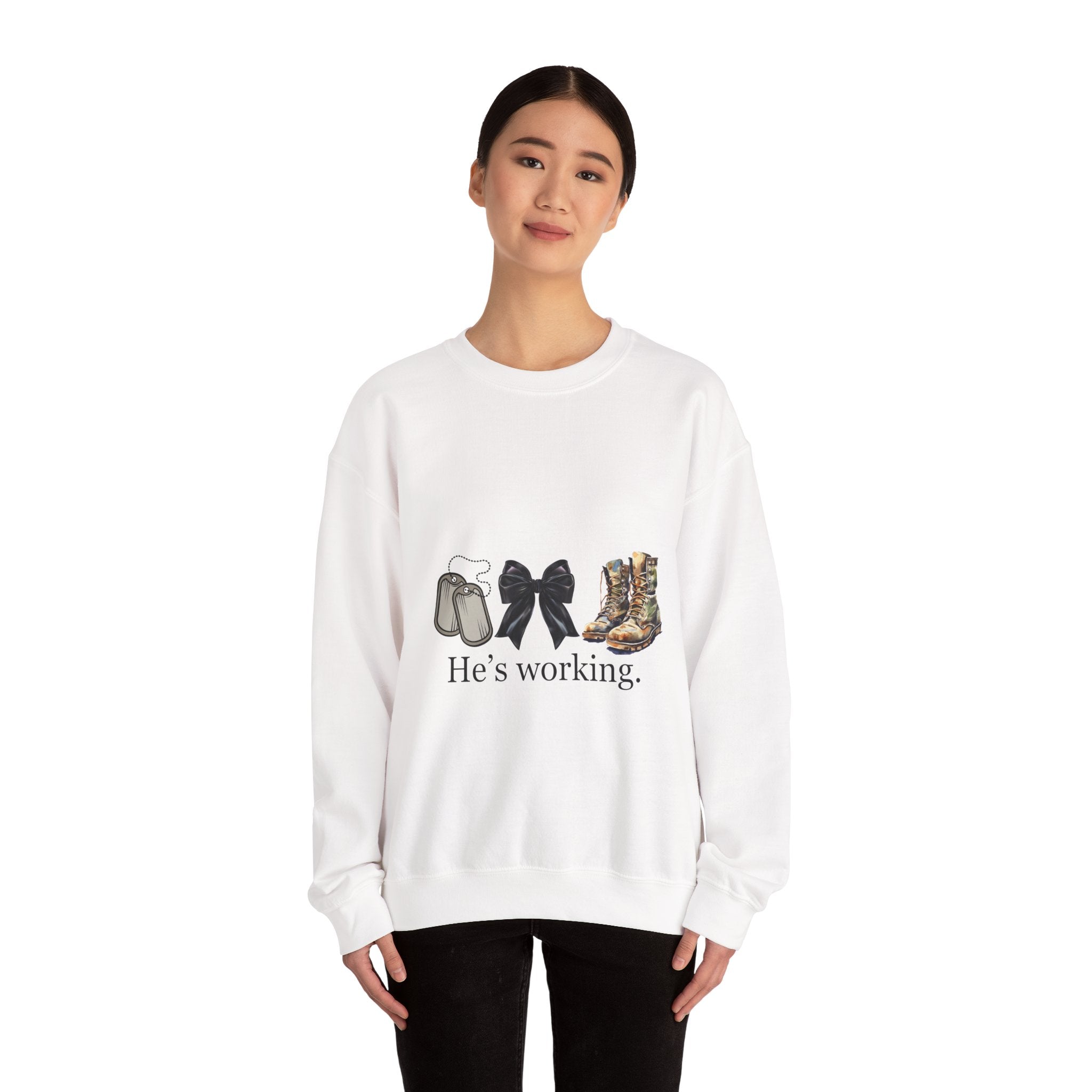 Crewneck Sweatshirt — "He's Working" Graphic with Boots, Bow & Baby Shoes