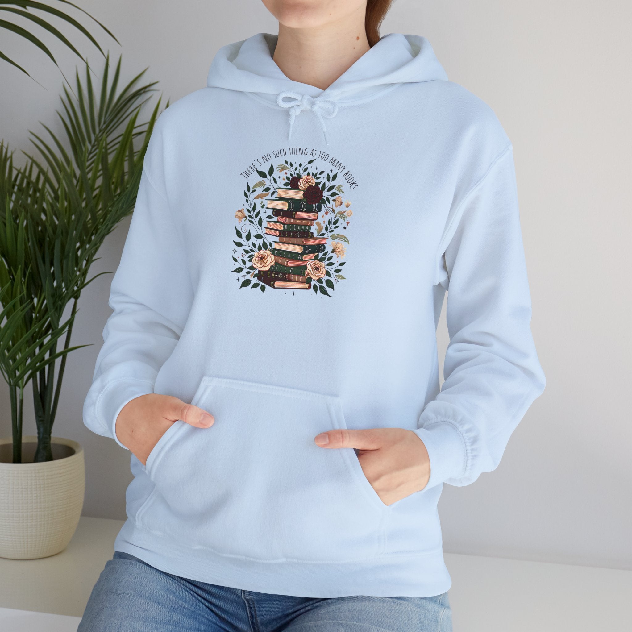 Cozy Reading Stack Hoodie — Floral Bookshelf Design