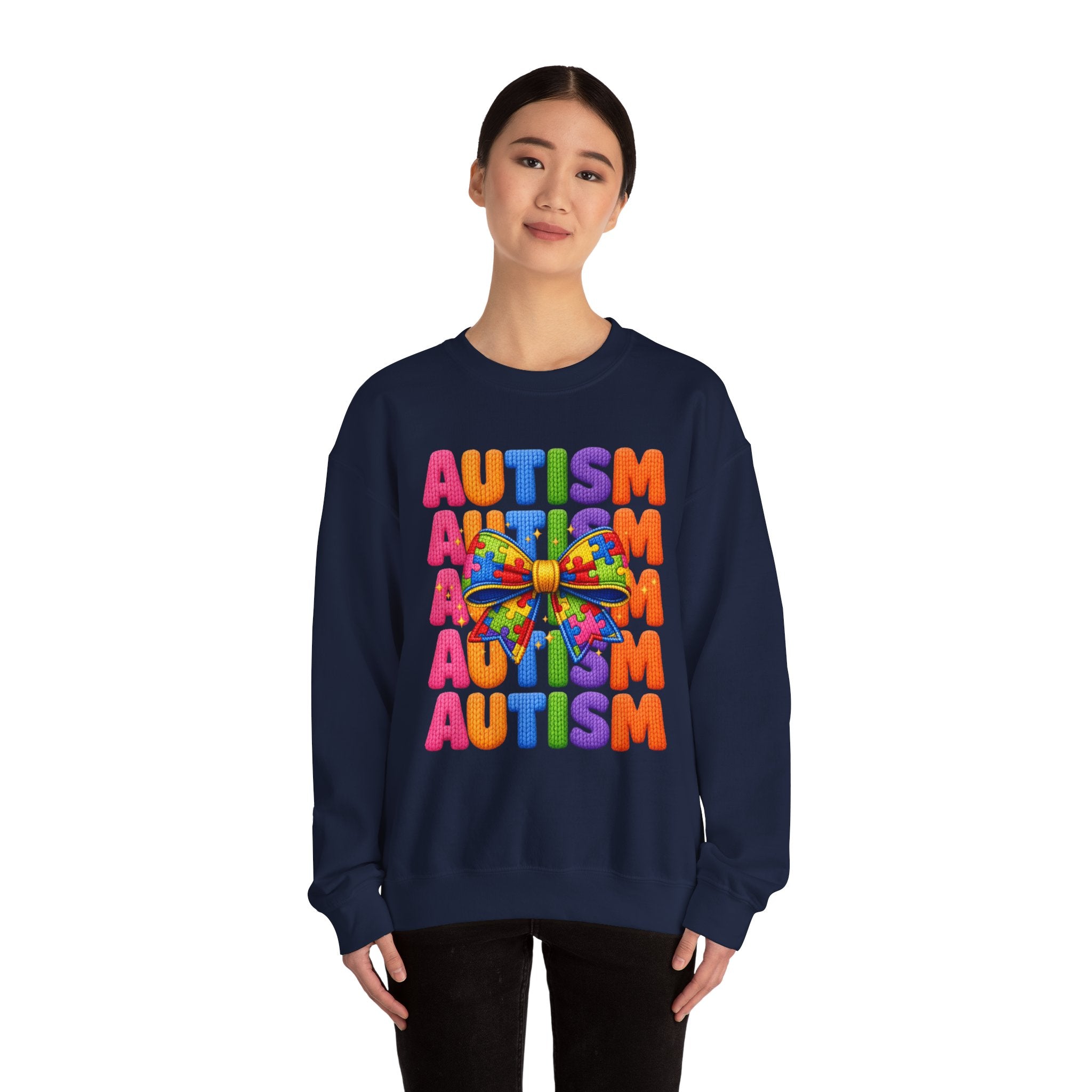 Autism Awareness Crewneck Sweatshirt — Colorful Puzzle Bow Design