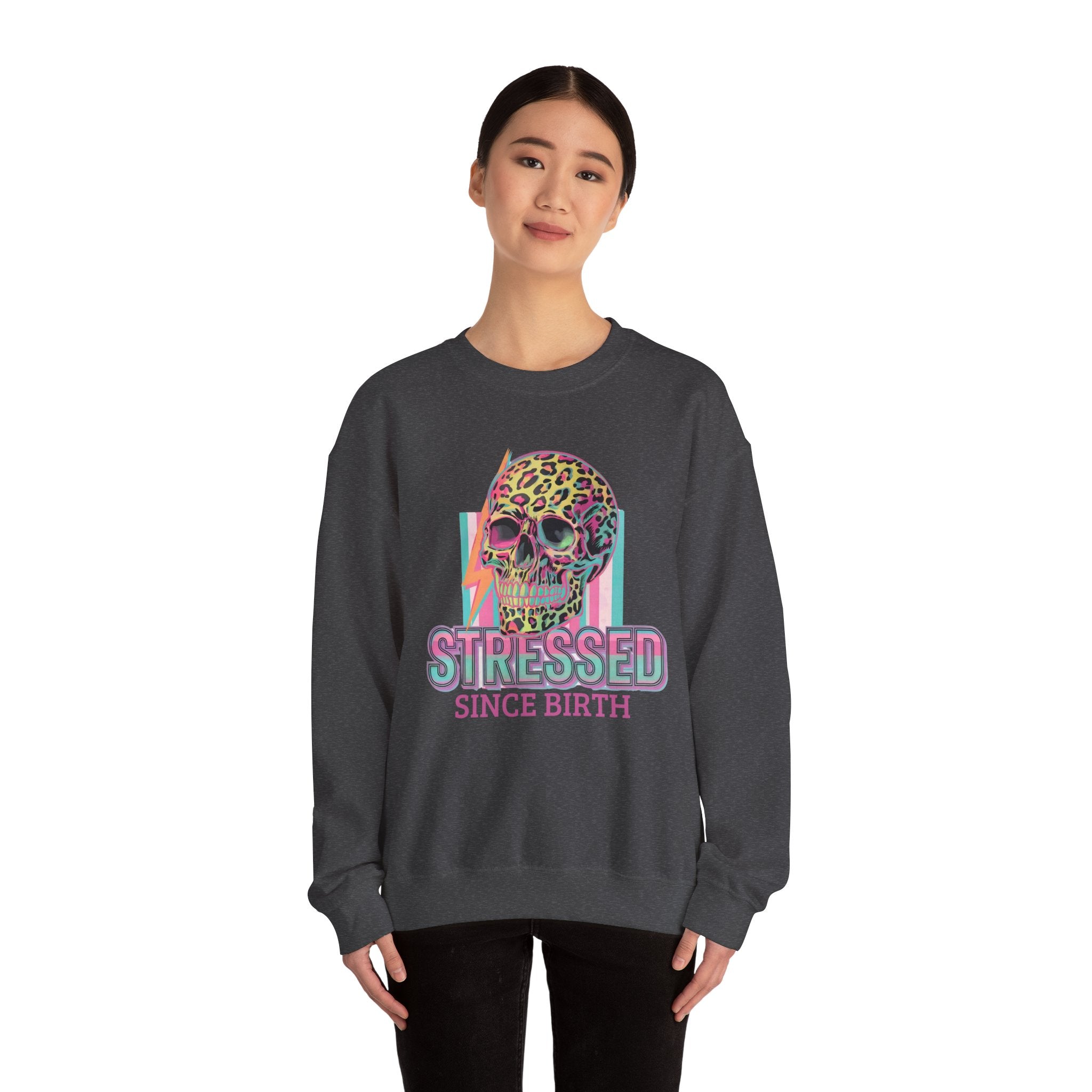 Stressed Since Birth Skull Crewneck Sweatshirt — Retro Neon Leopard Skull Pullover