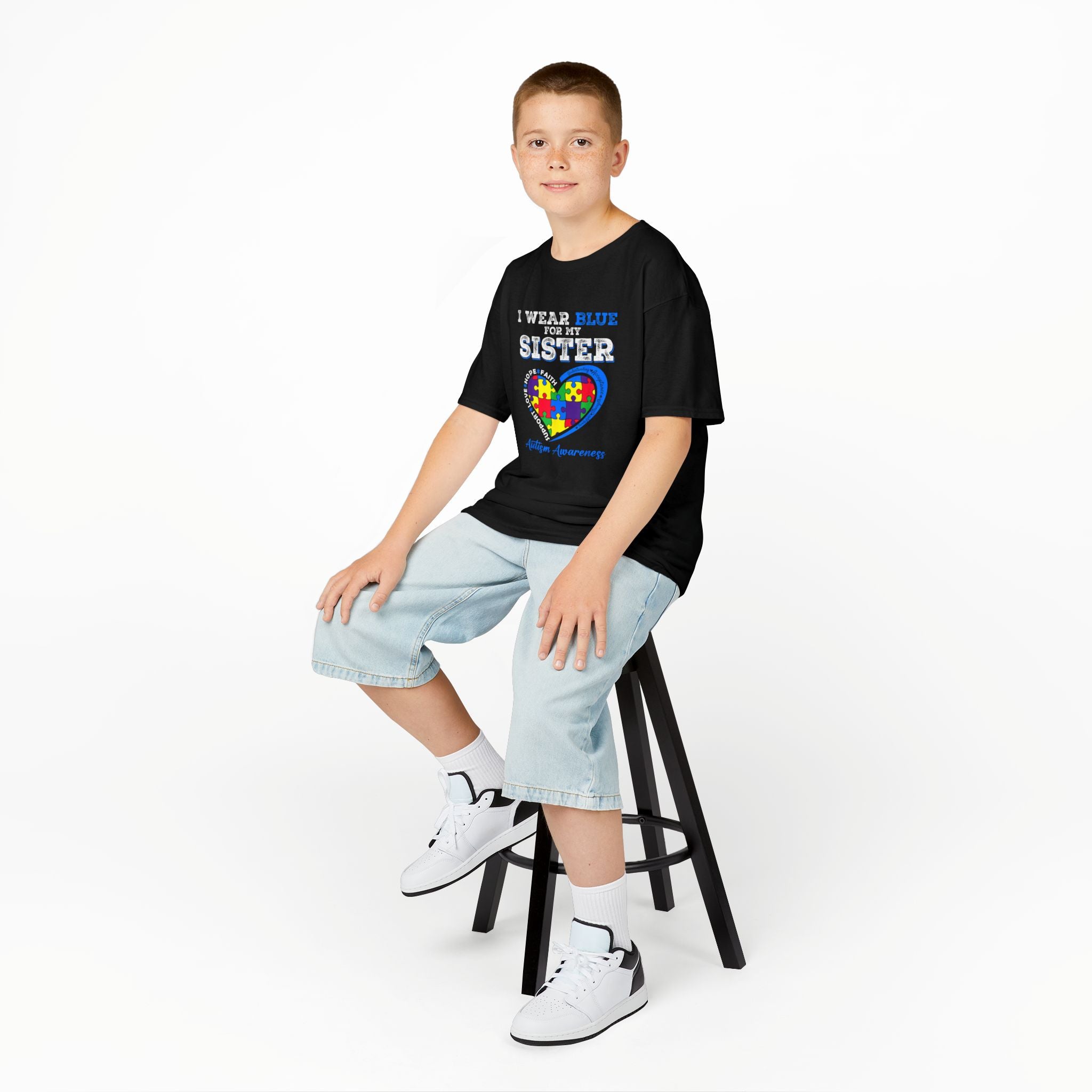 Autism Awareness Kids Tee — "I Wear Blue For My Sister" Puzzle Heart