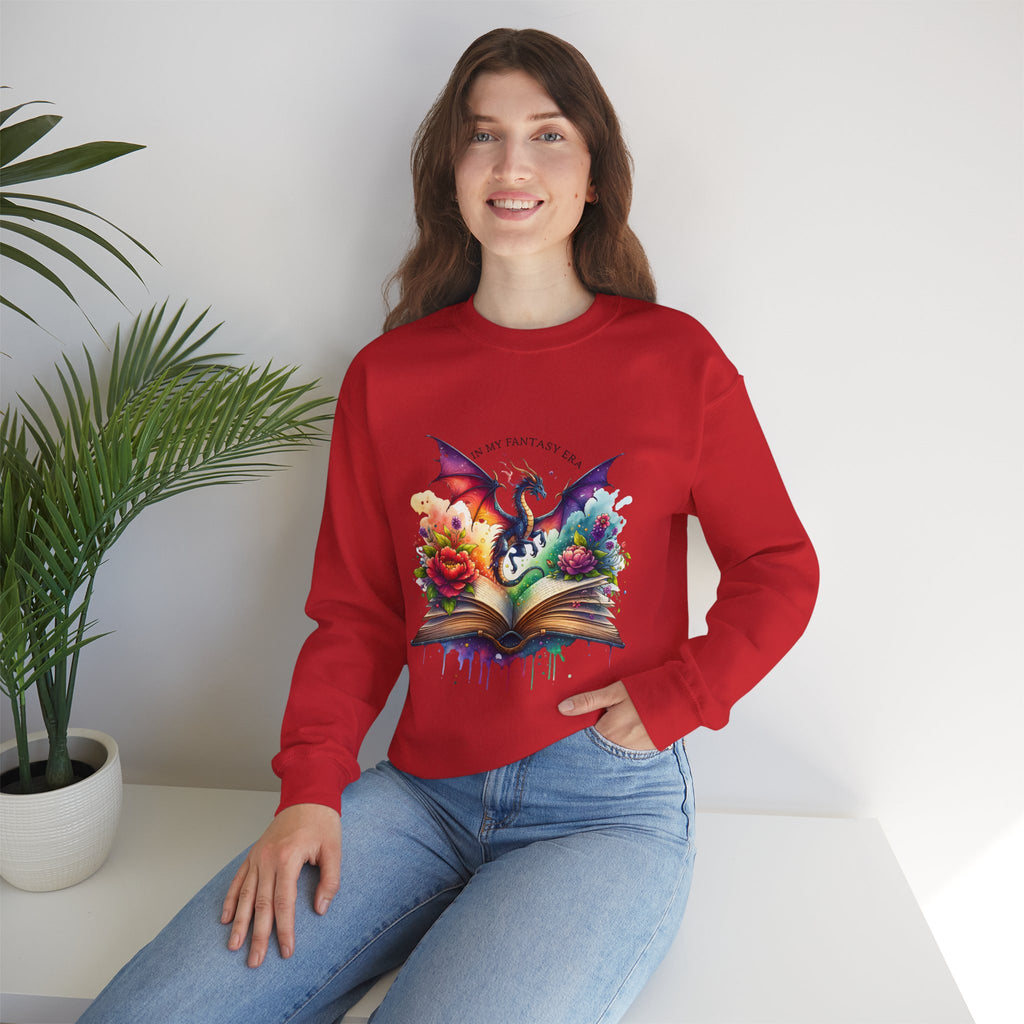 Crewneck Sweatshirt — Fantasy Dragon Emerging From Open Book with Flowers
