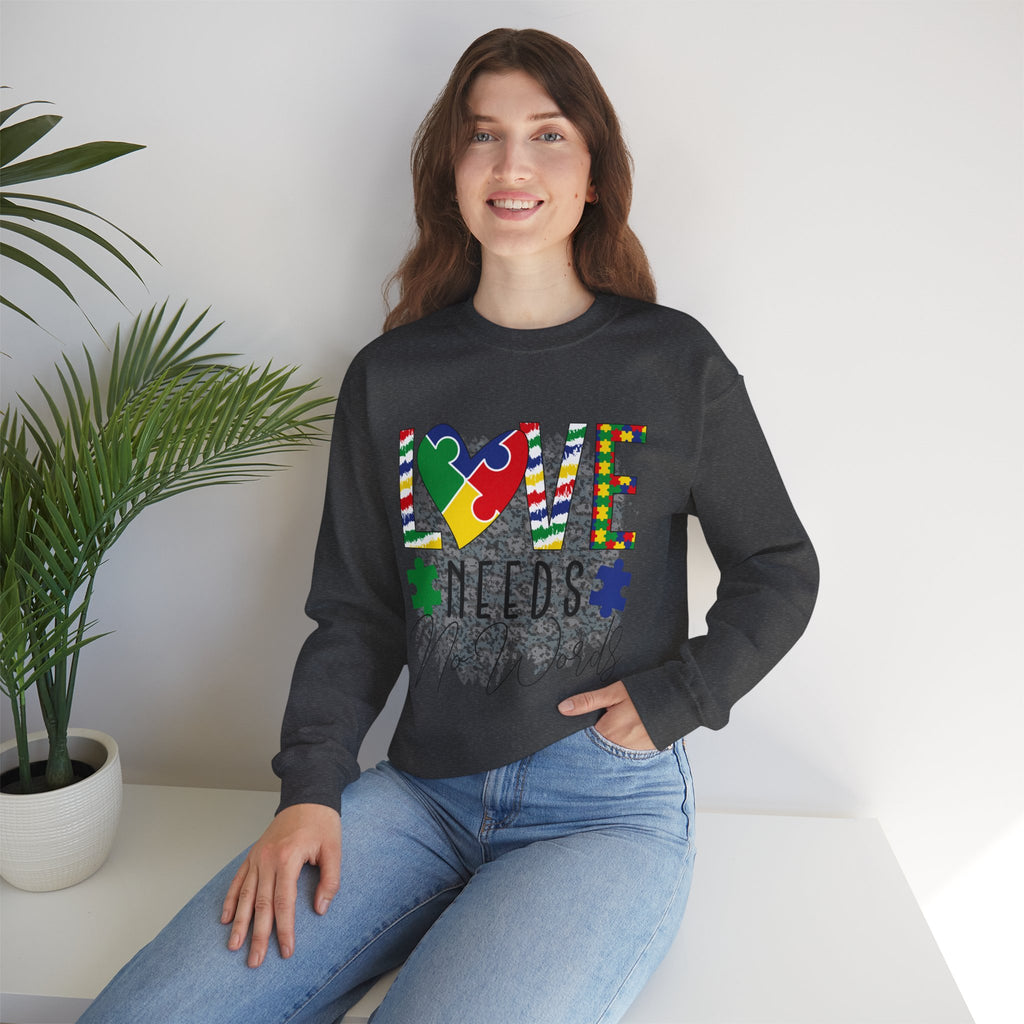 Autism Awareness Crewneck Sweatshirt — "Love Needs No Words" Puzzle Heart Design