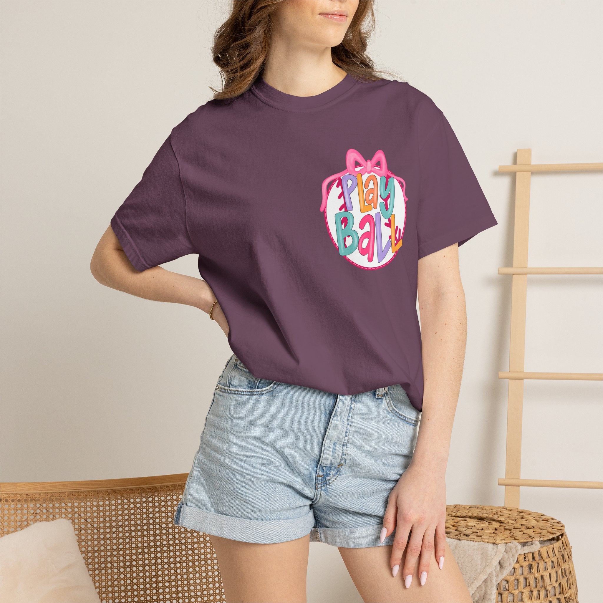 Softball Tee — "Play Ball" Front & "Pitch, Batter, Batter, Swing" Heart Back