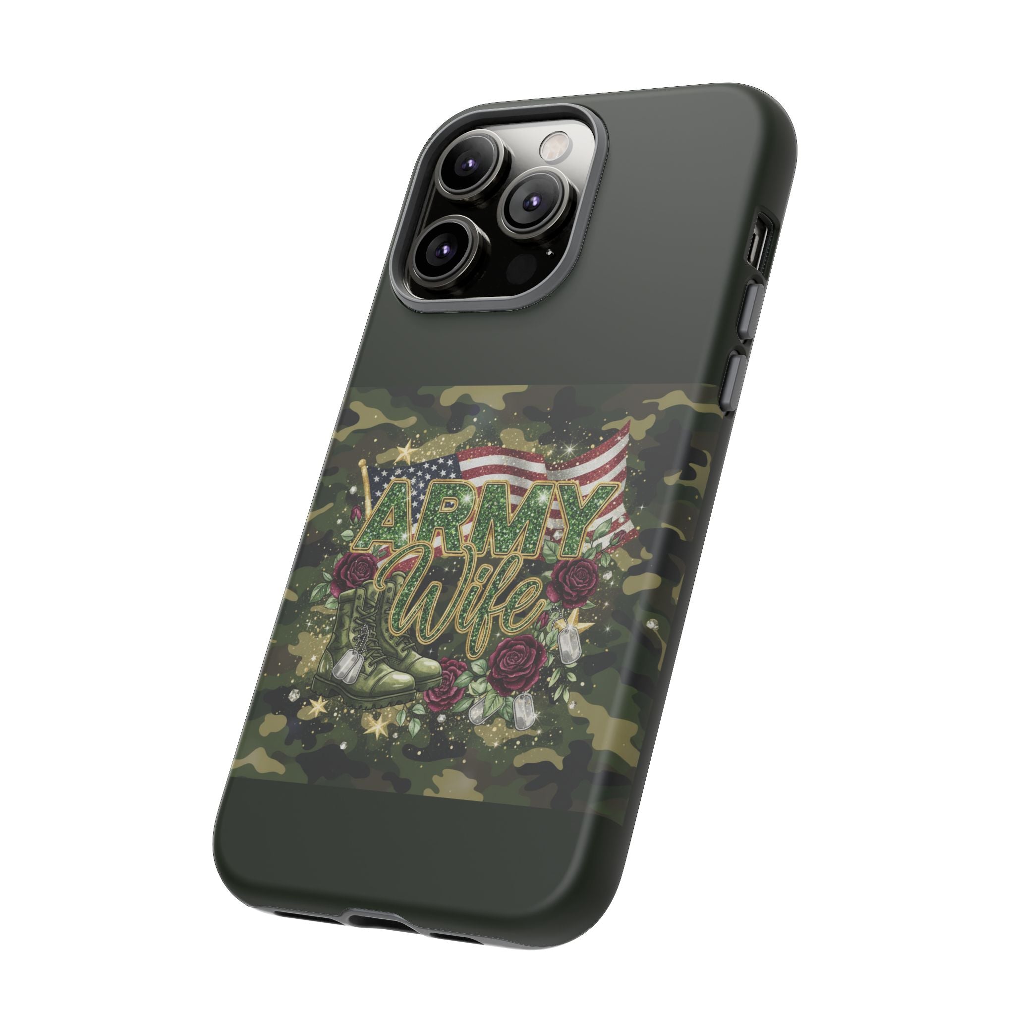 Army Wife Tough Phone Case — Camo Flag Design with Roses