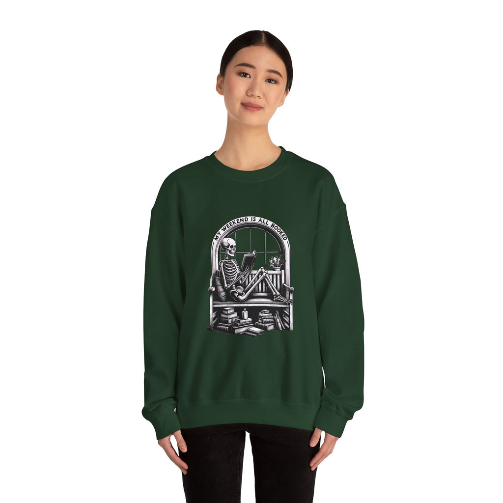 Skeleton Reading Sweatshirt — "My Weekend Is All Booked" Cozy Crewneck