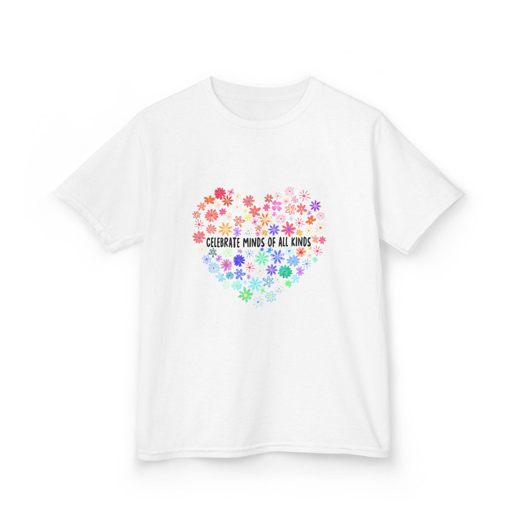 Kids T-Shirt — "Celebrate Minds of All Kinds" Rainbow Flower Heart