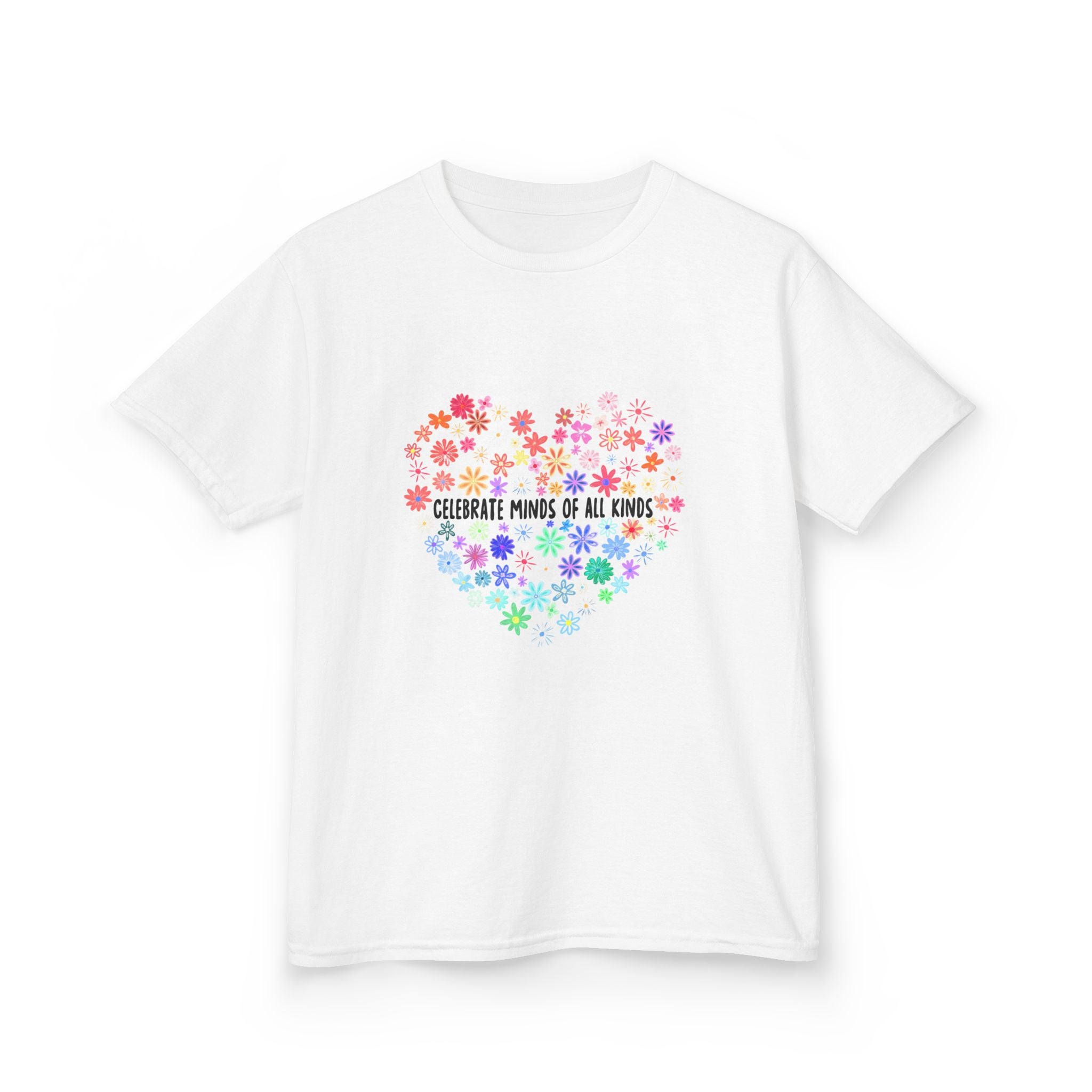 Kids T-Shirt — "Celebrate Minds of All Kinds" Rainbow Flower Heart