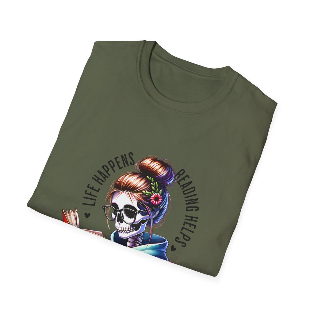 Reading Skull T-Shirt — "Life Happens, Reading Help" Gothic Booklover Tee