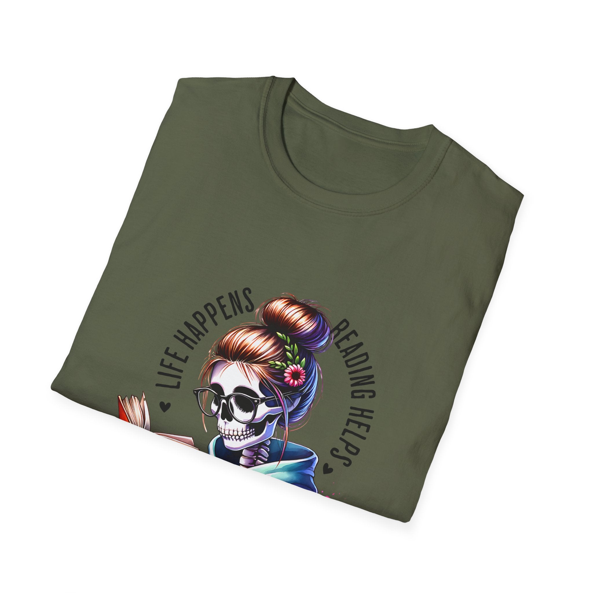 Reading Skull T-Shirt — "Life Happens, Reading Help" Gothic Booklover Tee