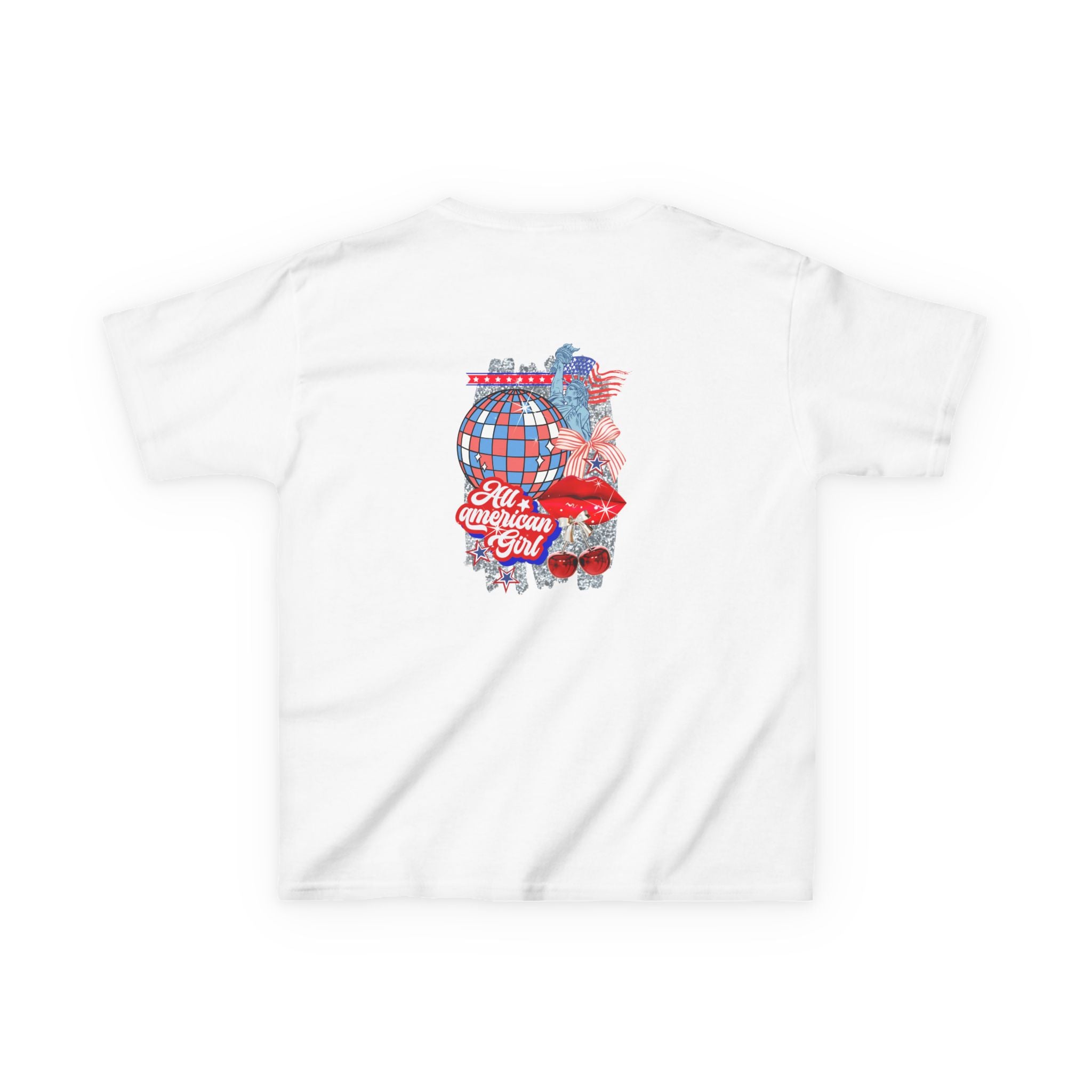 Kids Tee — Patriotic Cherry Graphic "All American Girl" — 4th of July Summer Shirt