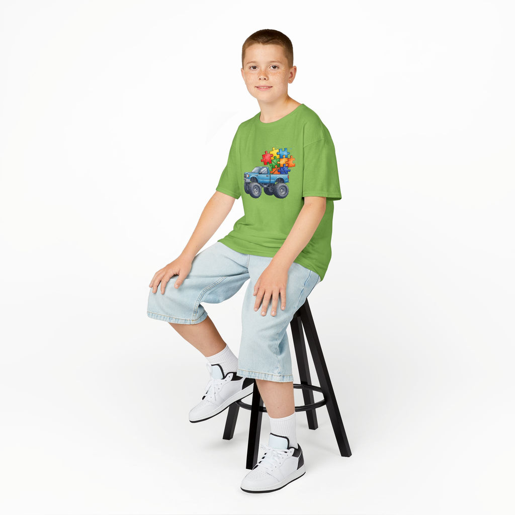 Kids Monster Truck Autism Awareness T‑Shirt — Puzzle Piece Ride