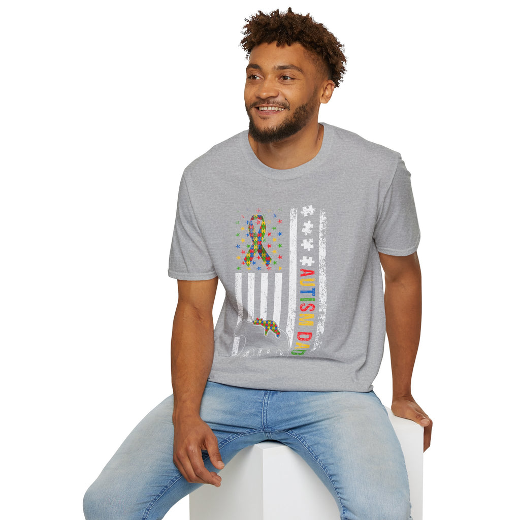 Autism Dad Flag T-Shirt — Puzzle Ribbon Elephant Pride Tee