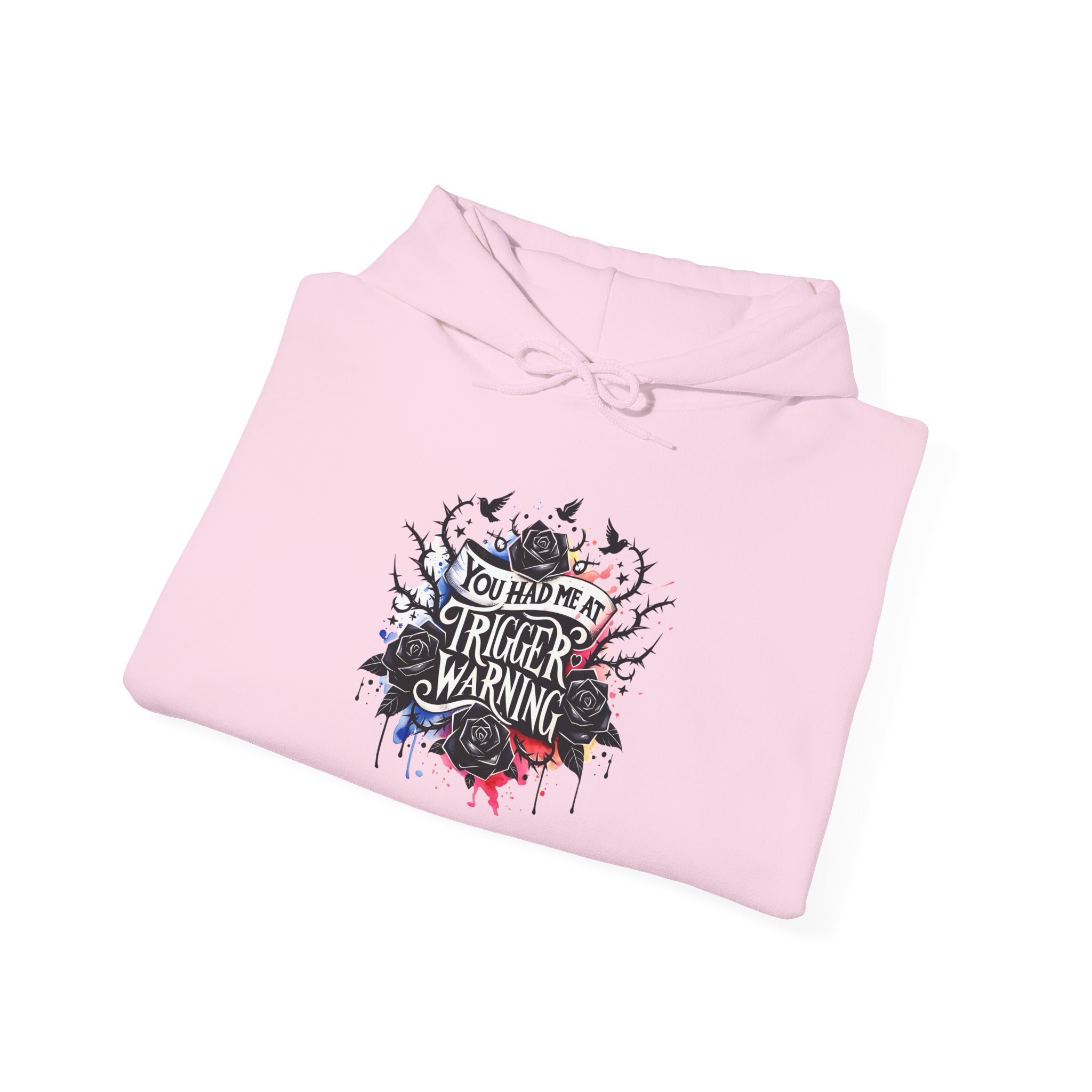 Trigger Warning Graphic Hoodie — Edgy Drip Paint Design