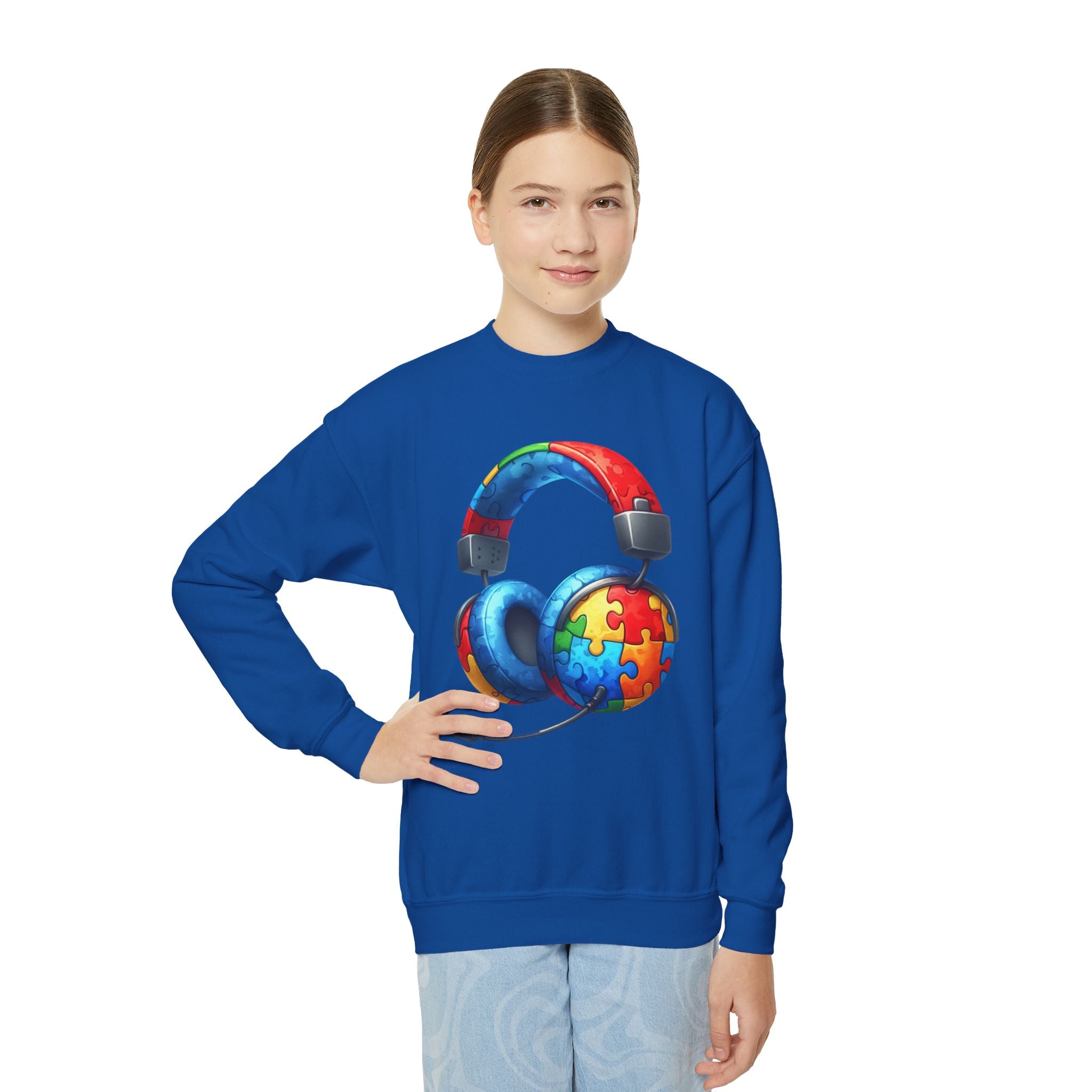 Youth Crewneck Sweatshirt — Colorful Headphones with Puzzle Heart Graphic (Autism Awareness)