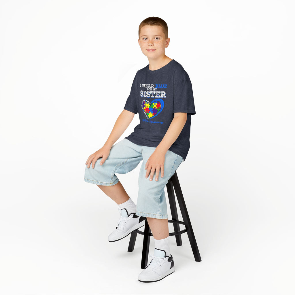 Autism Awareness Kids Tee — "I Wear Blue For My Sister" Puzzle Heart