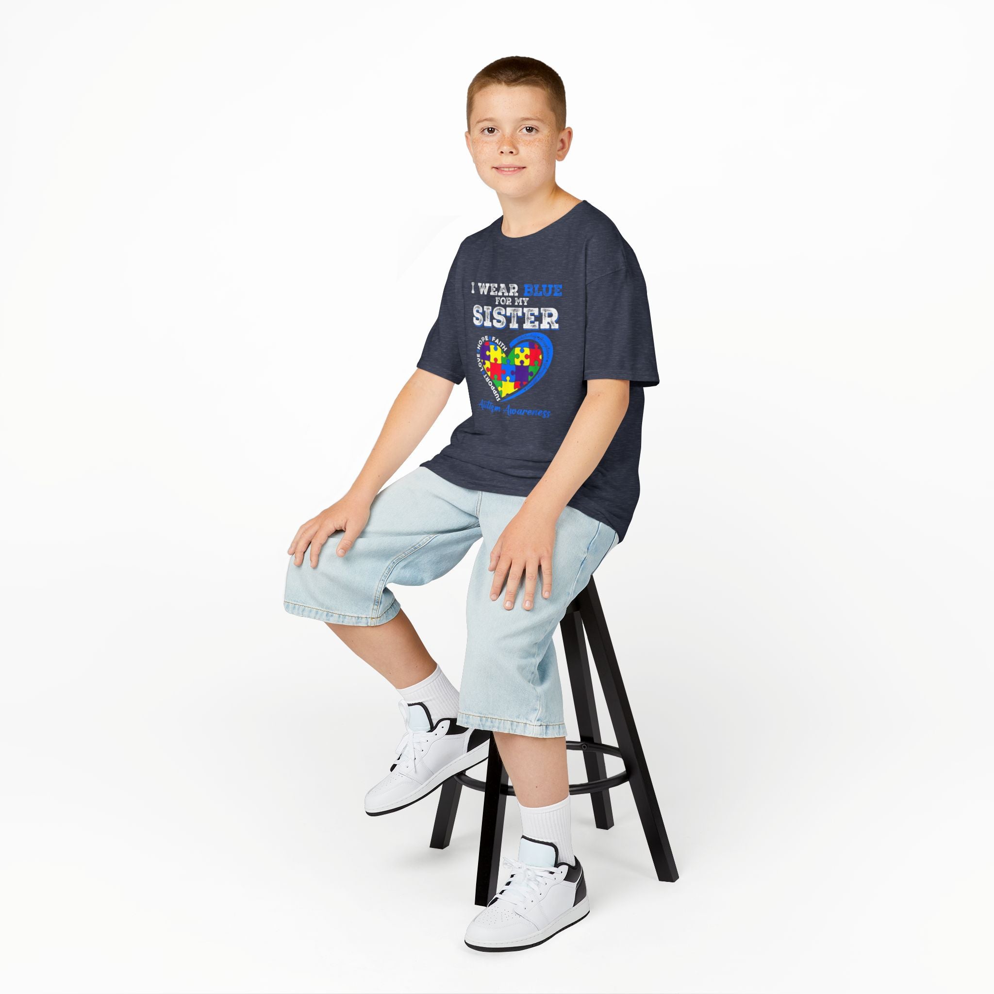 Autism Awareness Kids Tee — "I Wear Blue For My Sister" Puzzle Heart