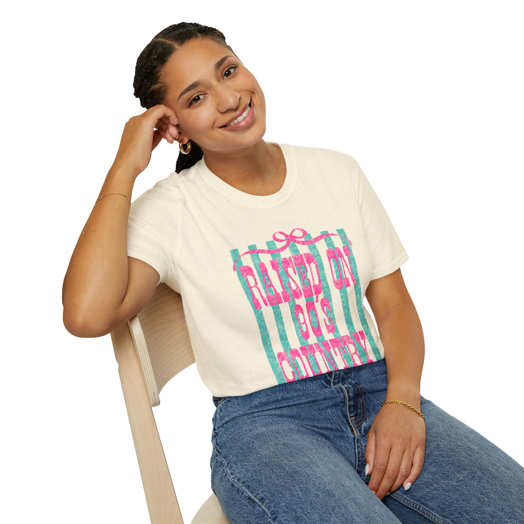 Raised On Rock & Country T-Shirt — Pink Teal Striped Graphic Tee