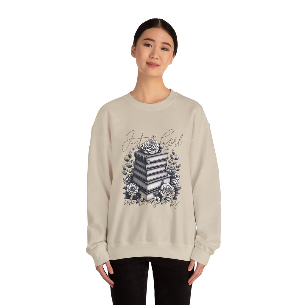 Book Lover Crewneck Sweatshirt — "Just a Girl Who Loves Books" Floral Stack Design