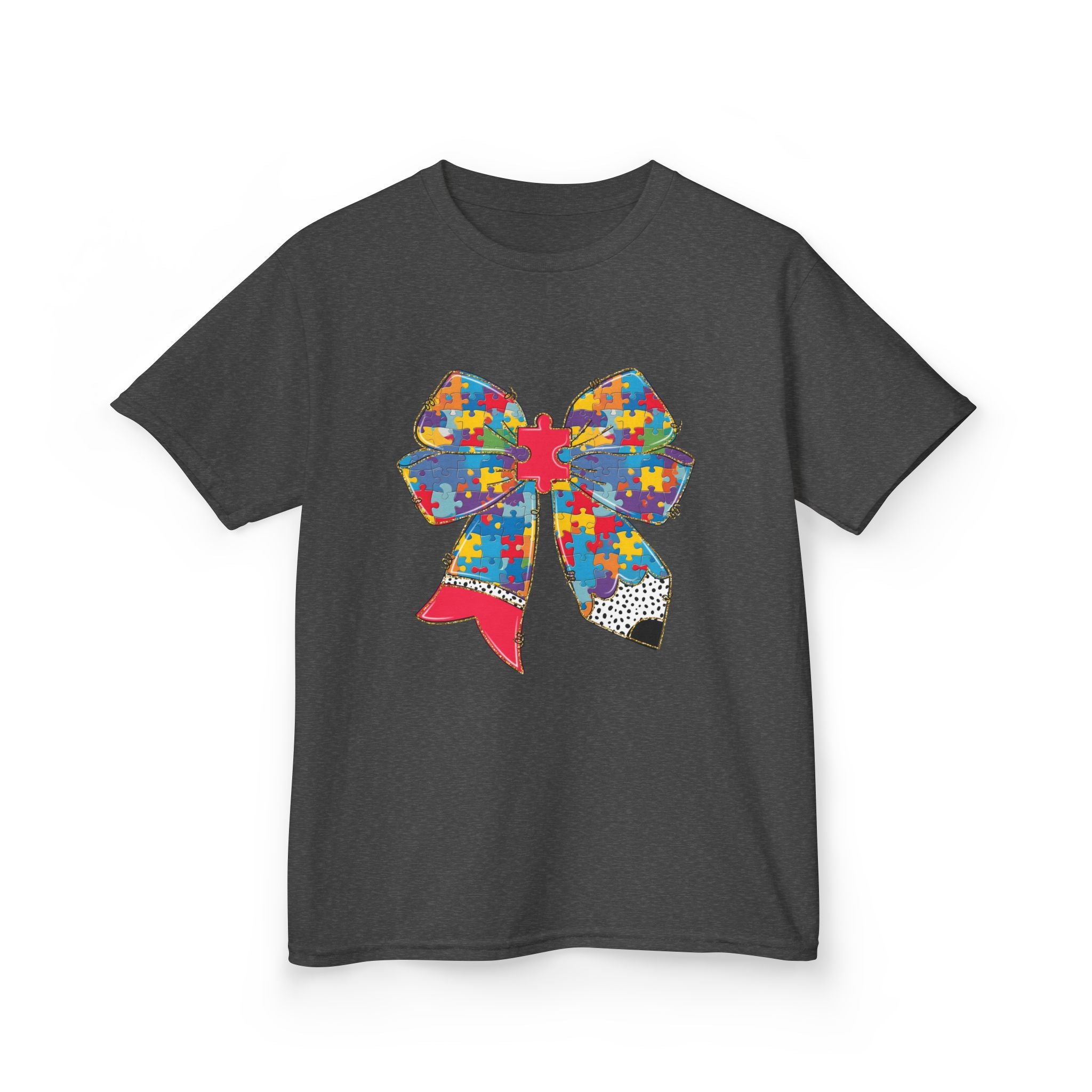 Autism Awareness Puzzle Bow Kids T‑Shirt – Autism Acceptance Gift