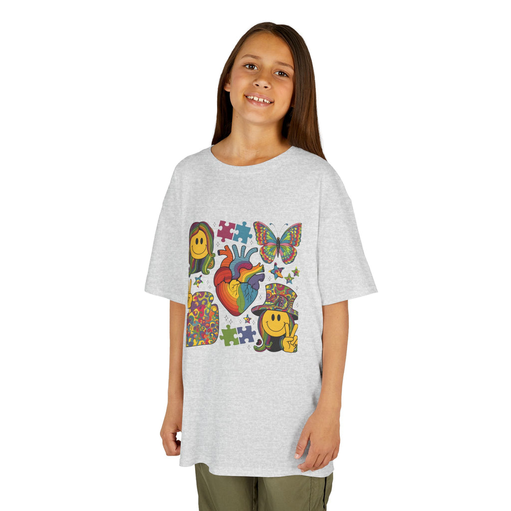 Kids Tee — Colorful Psychedelic Smiley & Puzzle Heart Graphic