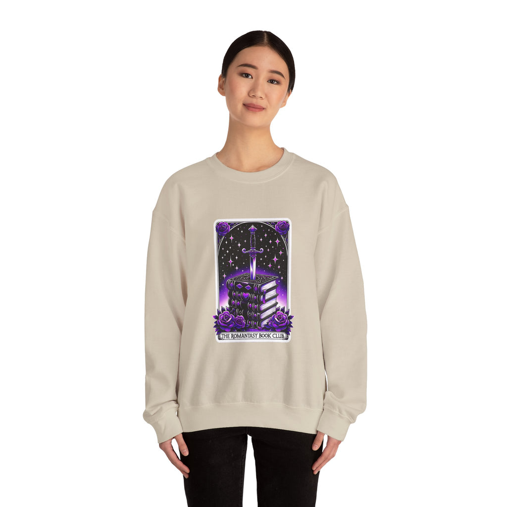 Crewneck Sweatshirt — The Bookish Witch: 'The Enchanted Book Club' Purple Sword & Books Graphic