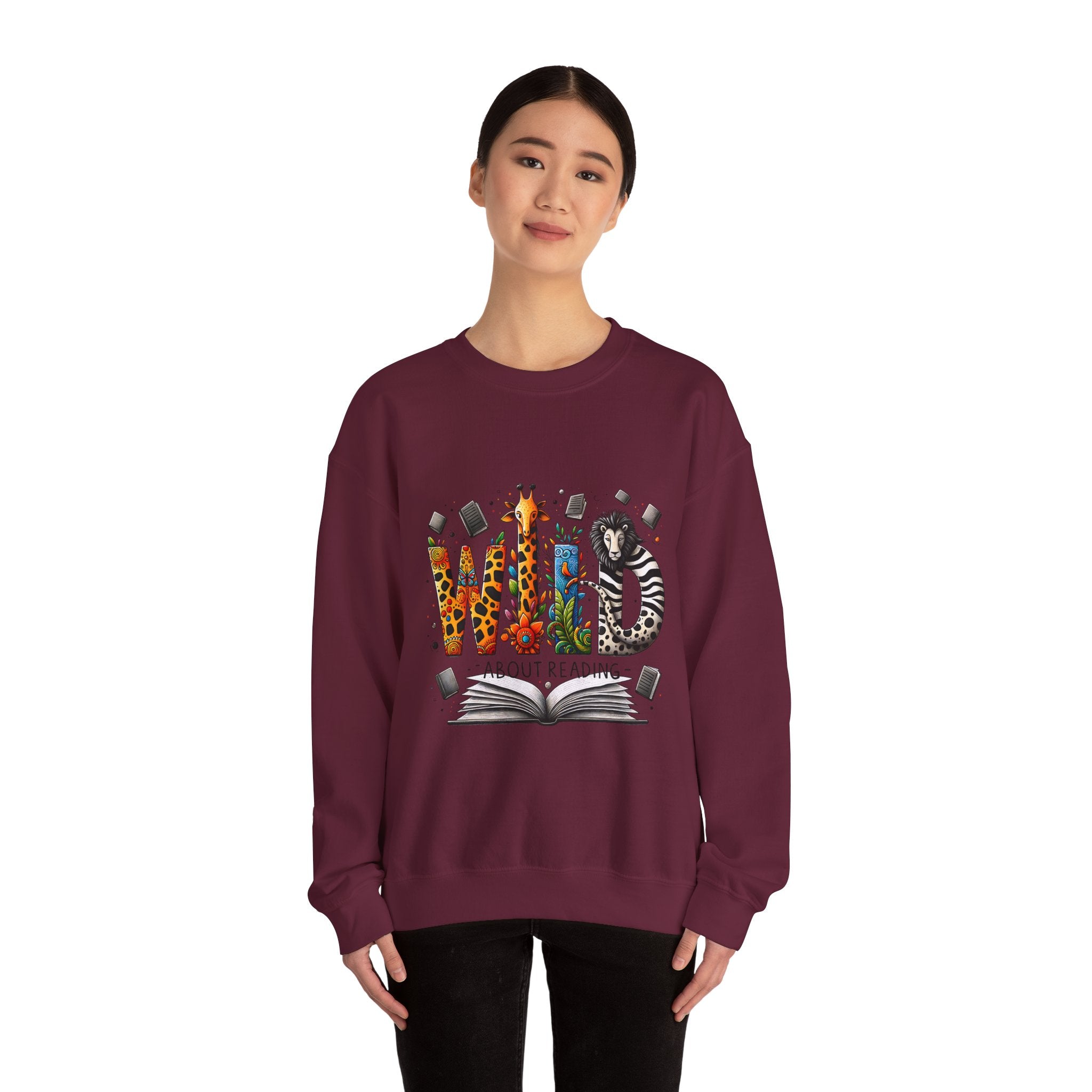 Sweatshirt — "Wild About Reading" Animal Letters Book Lover Crewneck