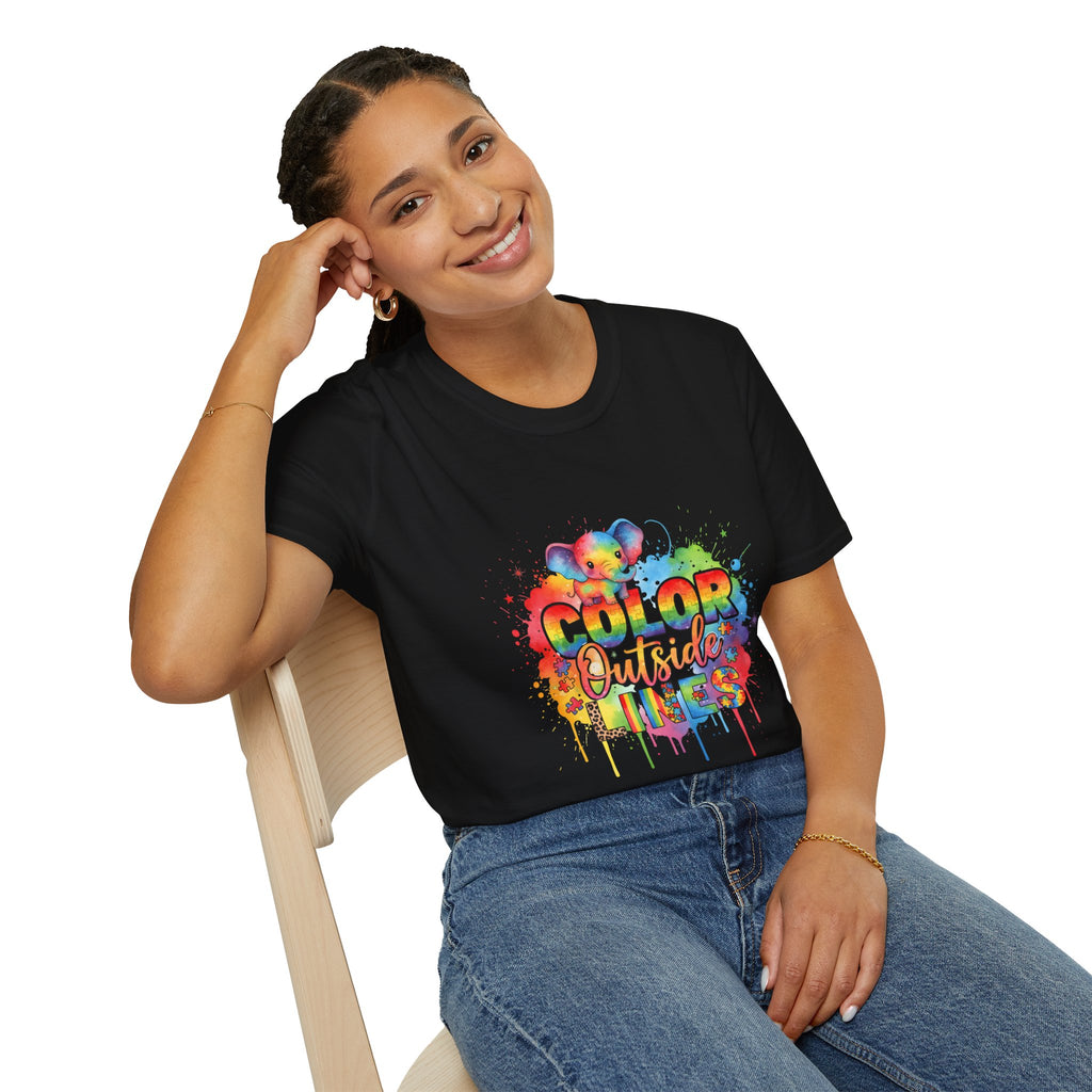 Color Outside Lines T-Shirt — Rainbow Paint Splatter Art Tee