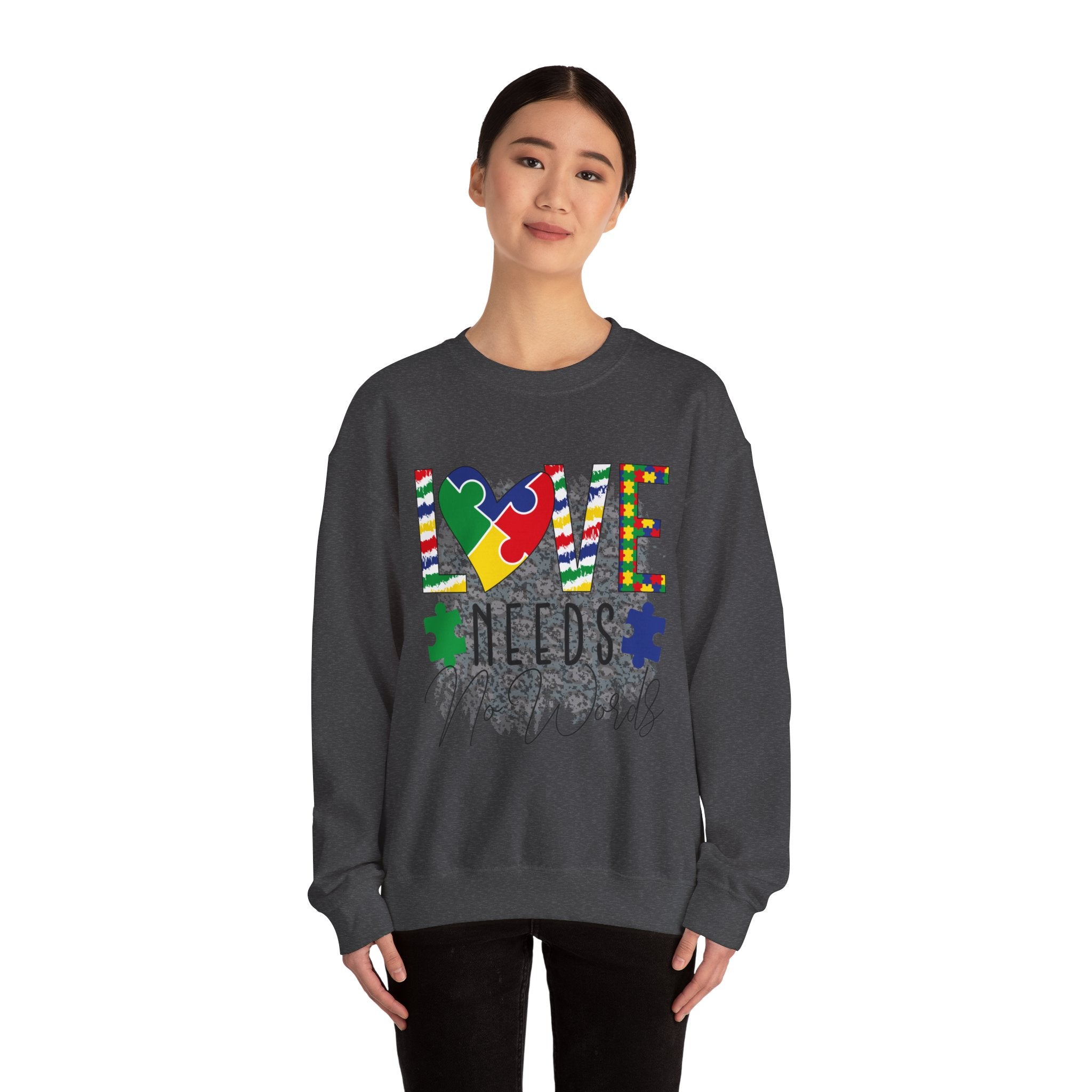 Autism Awareness Crewneck Sweatshirt — "Love Needs No Words" Puzzle Heart Design