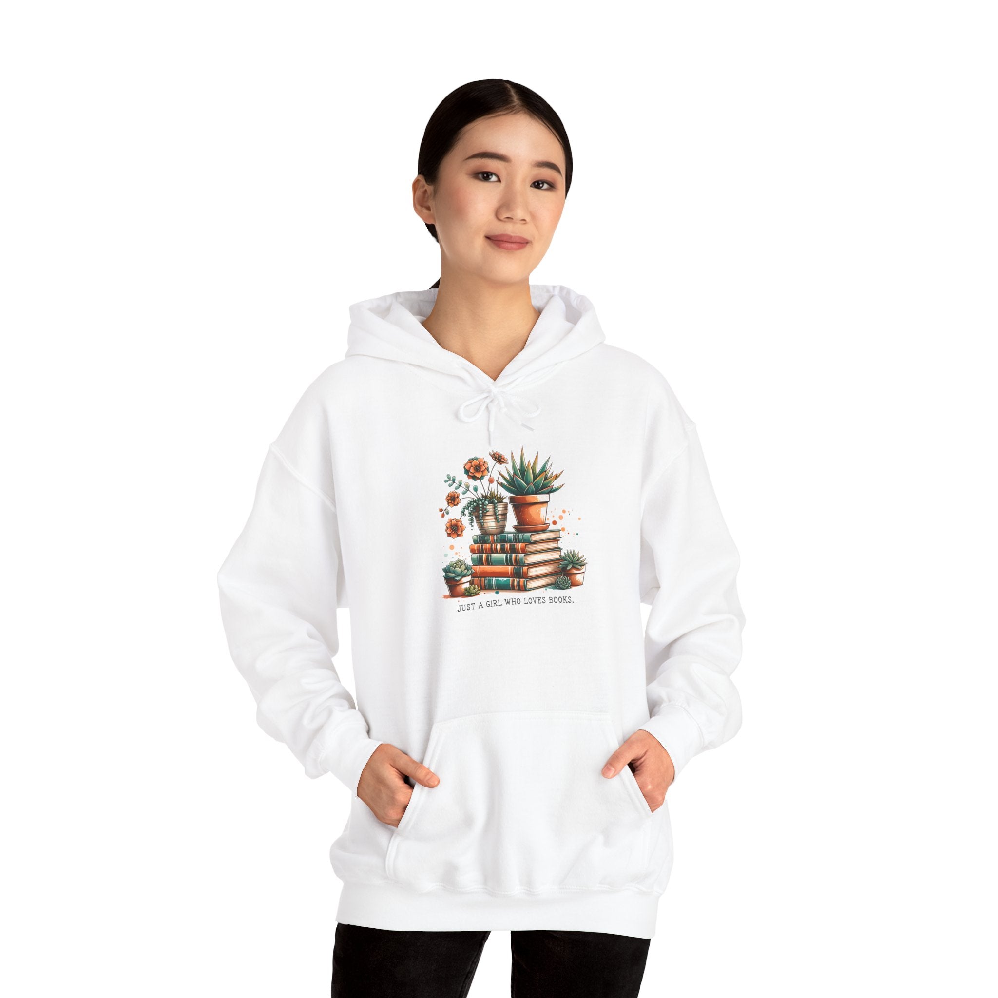 Plant Lover Hoodie – 'Plant Lady With Books' Cozy Botanical Pullover